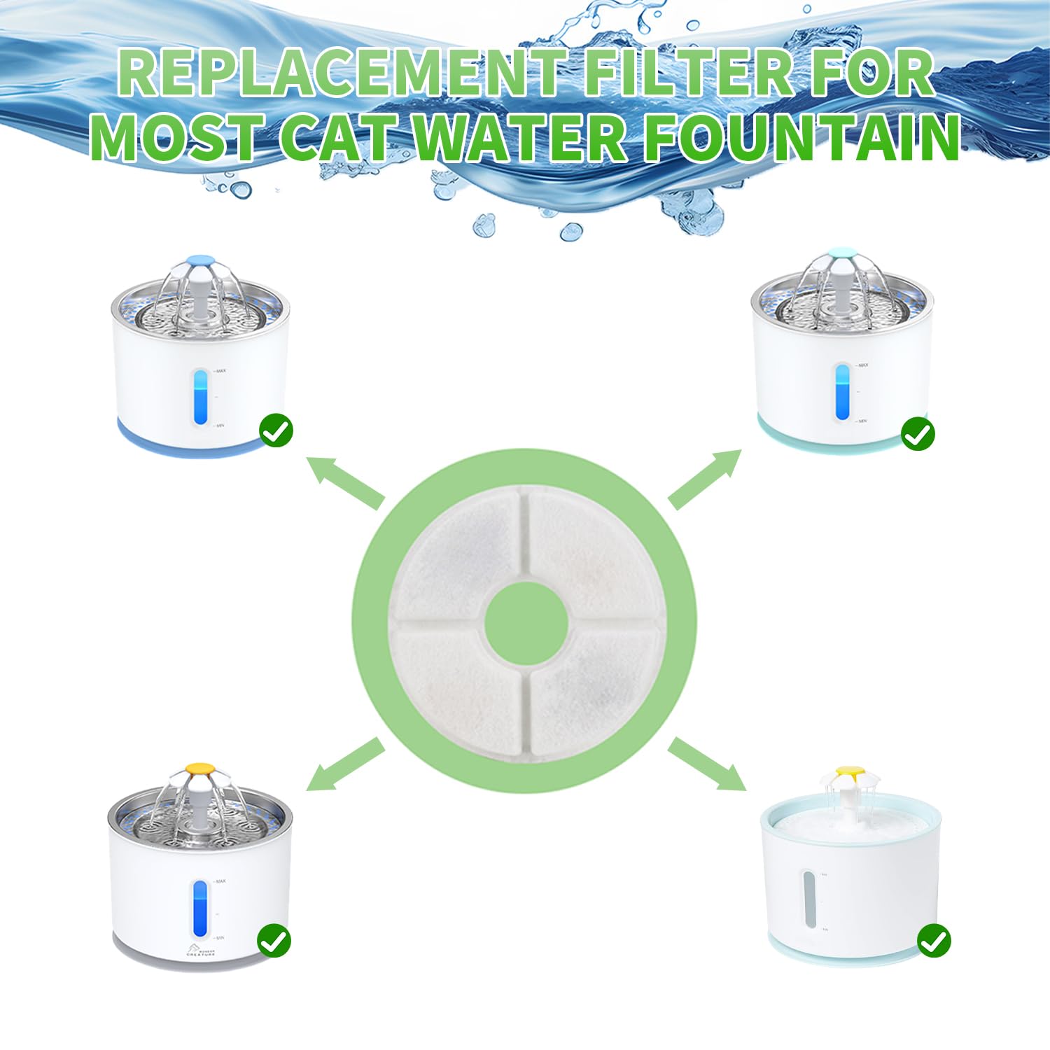 Wonder Creature Cat Water Fountain Filter Replacement, 8 Round Carbon Filters And 4 Upgraded Pre-Filter Sponges For Round Stainl