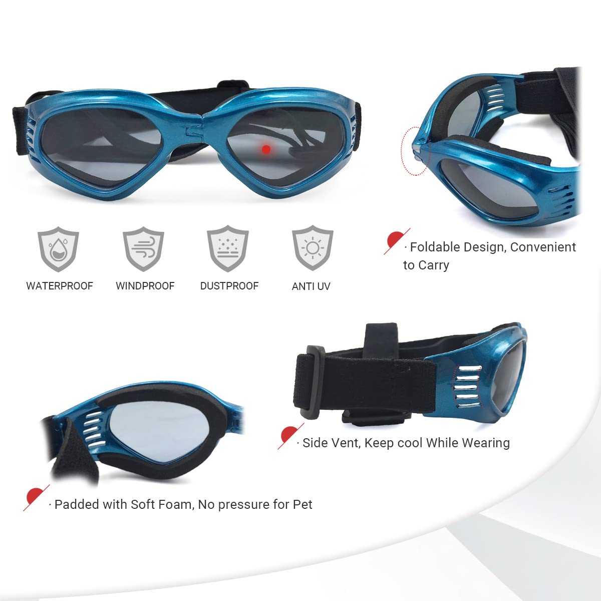 Namsan Dog Sunglasses Medium Breed Uv Protection Dog Goggles For Small To Medium Dogs Windproof Anti-Fog Snowproof Puppy Glasses, Easy Wear/Adjustable (Blue)