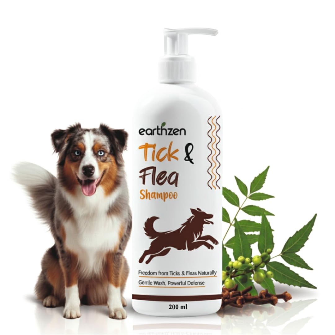 Earthzen Tick & Flea Shampoo For Dogs & Cats 200Ml | Natural Neem Effective For Tick & Flea Prevention | Repels Parasites | Anti