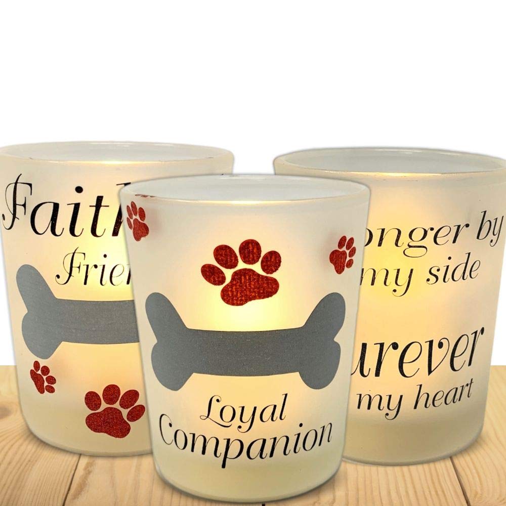 Dog Memorial LED Candle Holder Set of 3 with Pet Memorial Saying - No Longer by My Side Forever in My Heart and Each Includes an