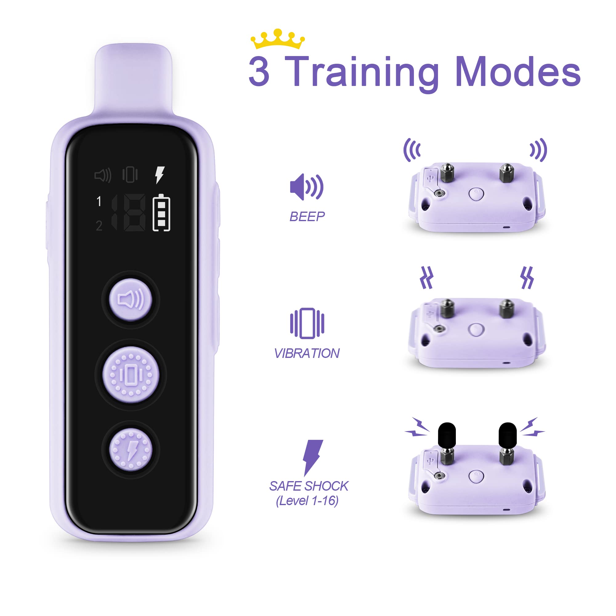 Bousnic Waterproof Rechargeable Shock Collar for Dogs - Remote Training Collar with Beep, Vibration, Safe Shock Modes (Purple, 8-120 lbs)