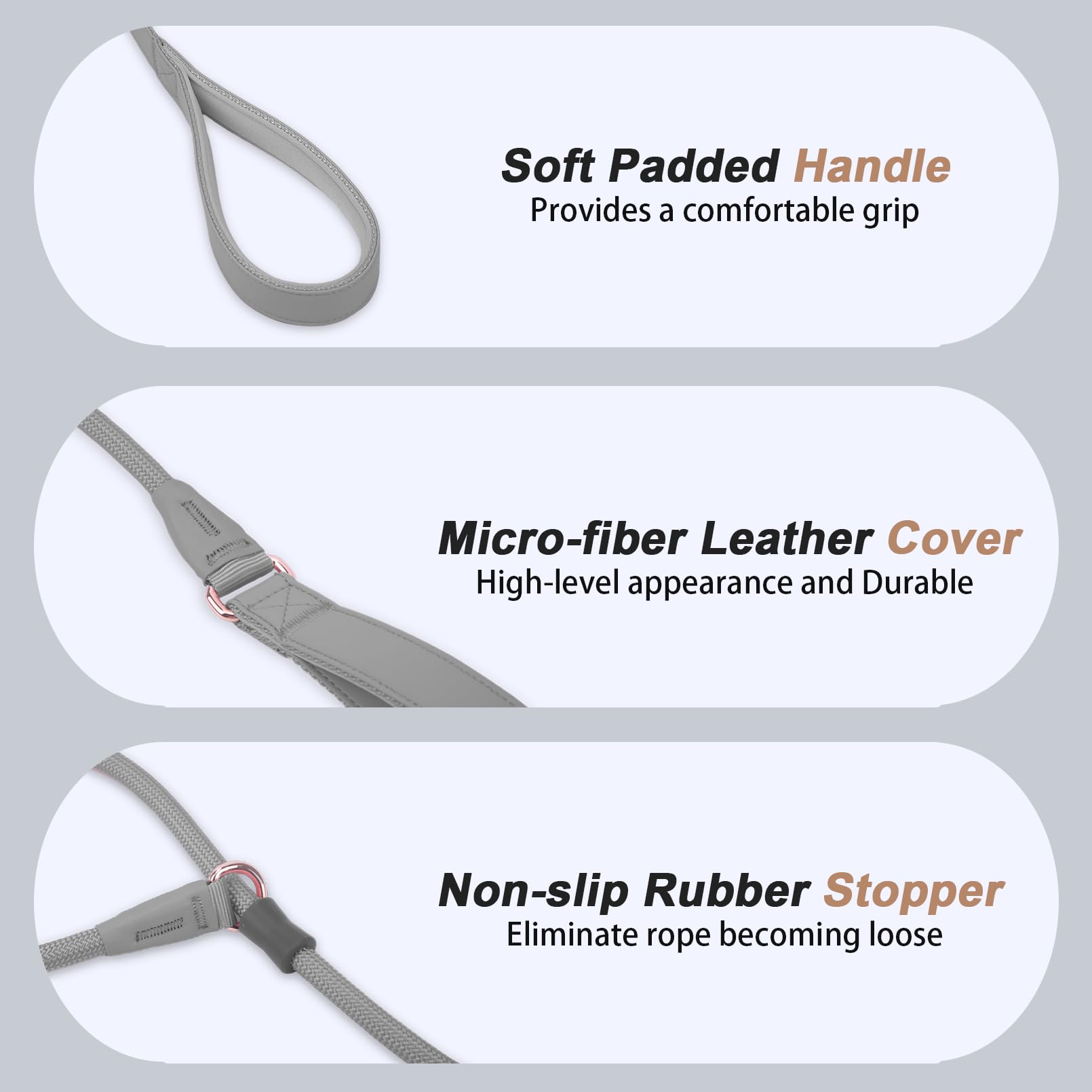 Aaufilux Slip Lead Dog Leash, Double Handle, Soft Leather, Heavy Duty Nylon, No Pull Walking, Grey, 5Ft