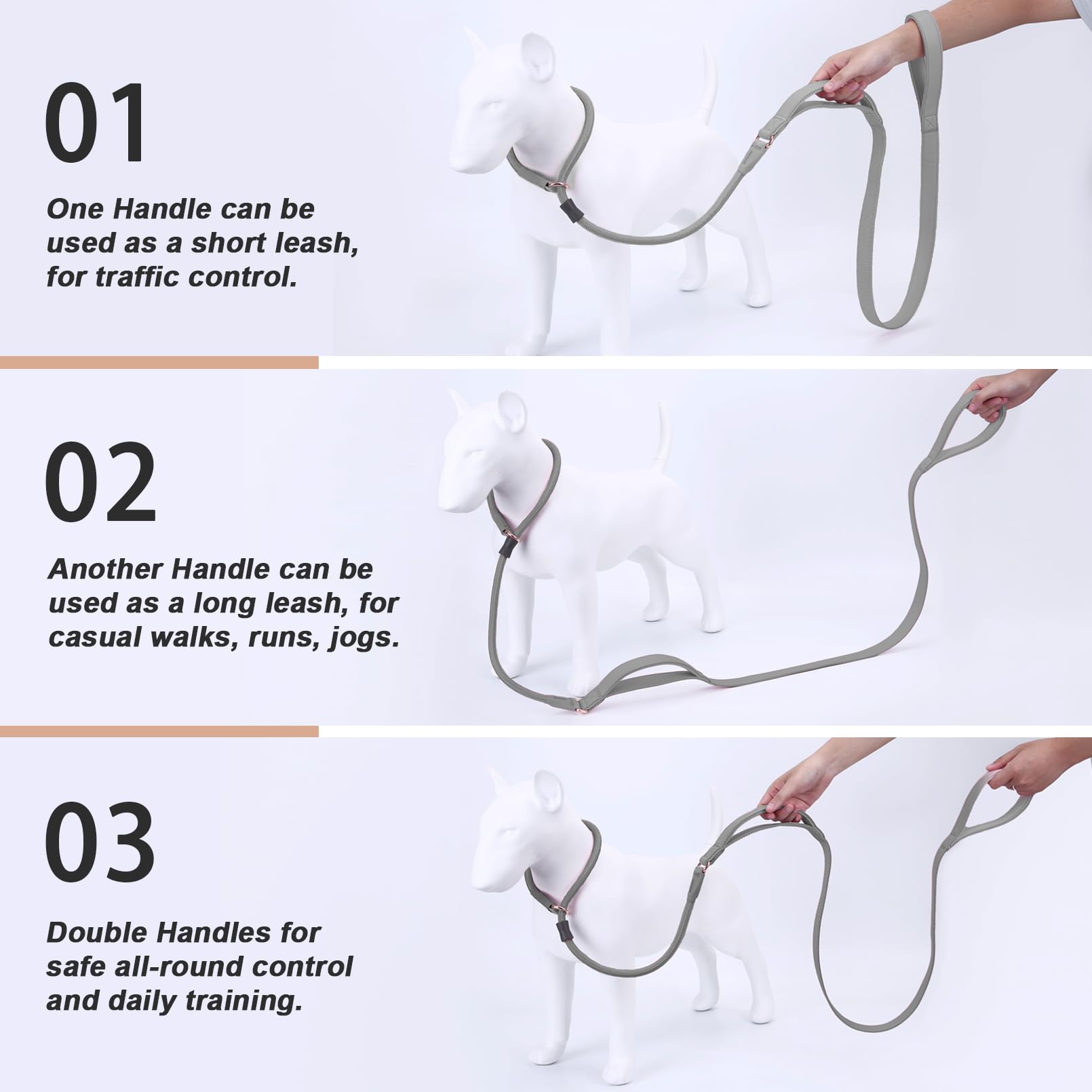 Aaufilux Slip Lead Dog Leash, Double Handle, Soft Leather, Heavy Duty Nylon, No Pull Walking, Grey, 5Ft