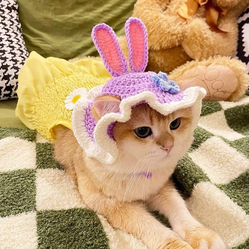 Qwinee 3D Ear Design Knit Cute Dog Hat Soft Cat Hat Rabbit Hat Halloween Christmas Party Costume Head Wear Accessories For Puppy