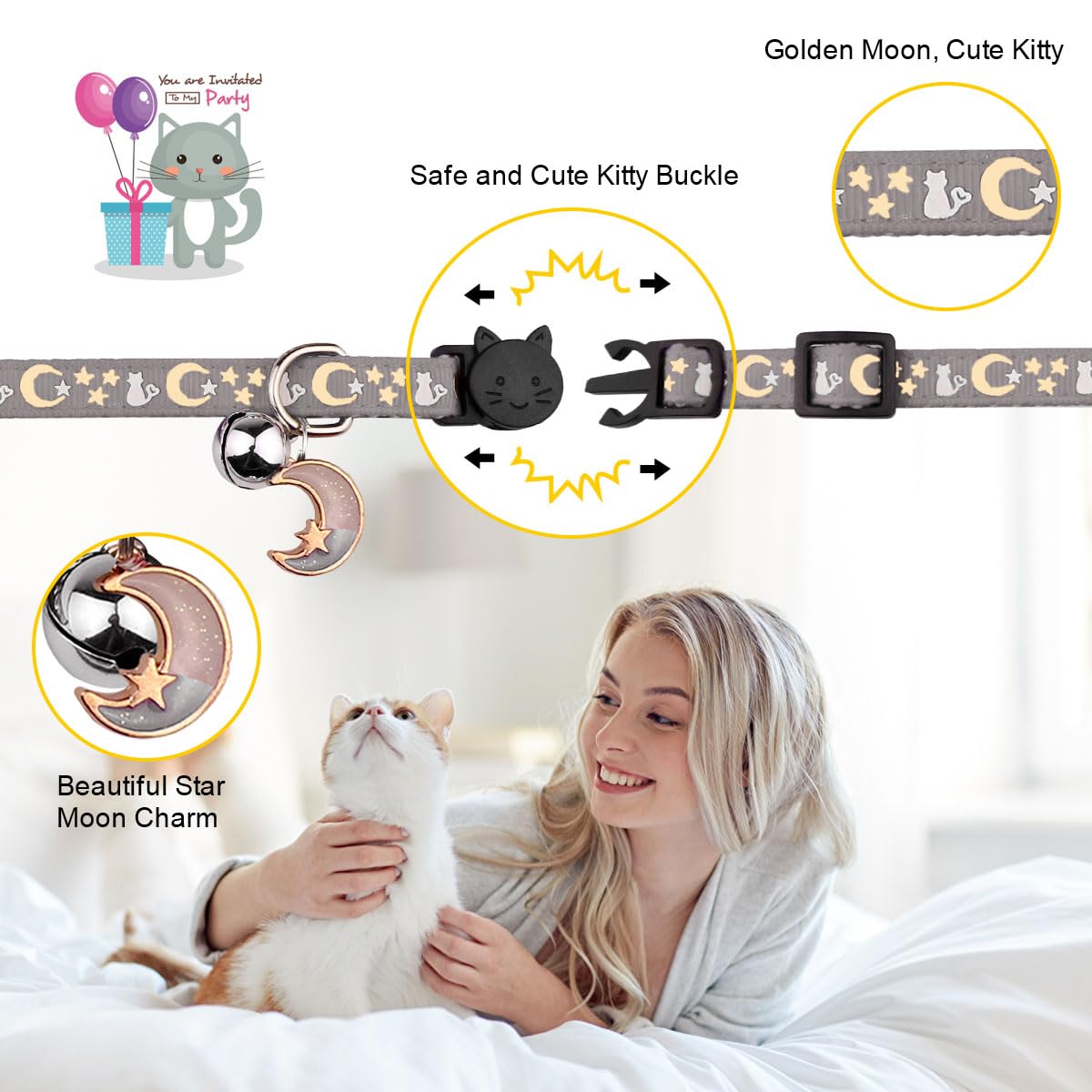 2Pcs Breakaway Cat Collars With Bell Cute Kitty Glow In The Dark Adjustable Kitten Collars(Grey&Black)
