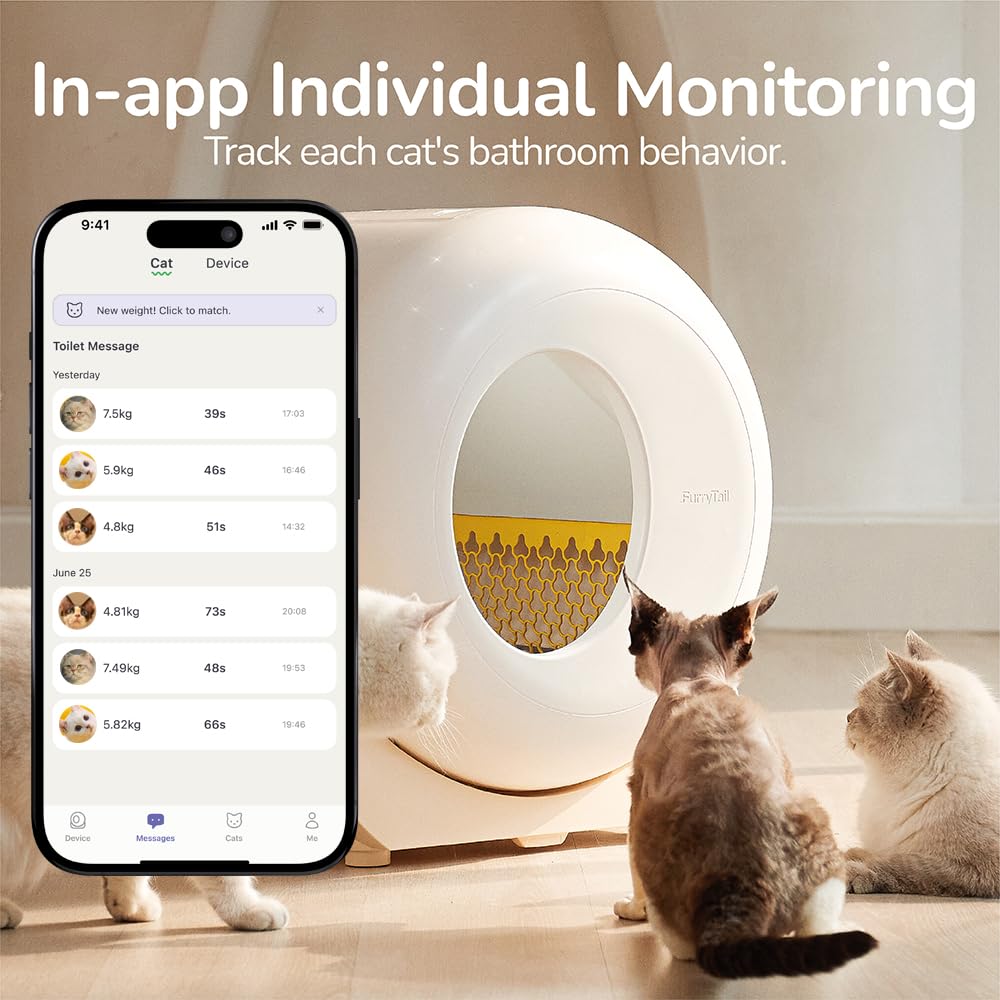 Furrytail Self Cleaning Litter Box With App - Automatic Cat Litter Box For All Your Cats, Odor Control, Spacious Interior And La