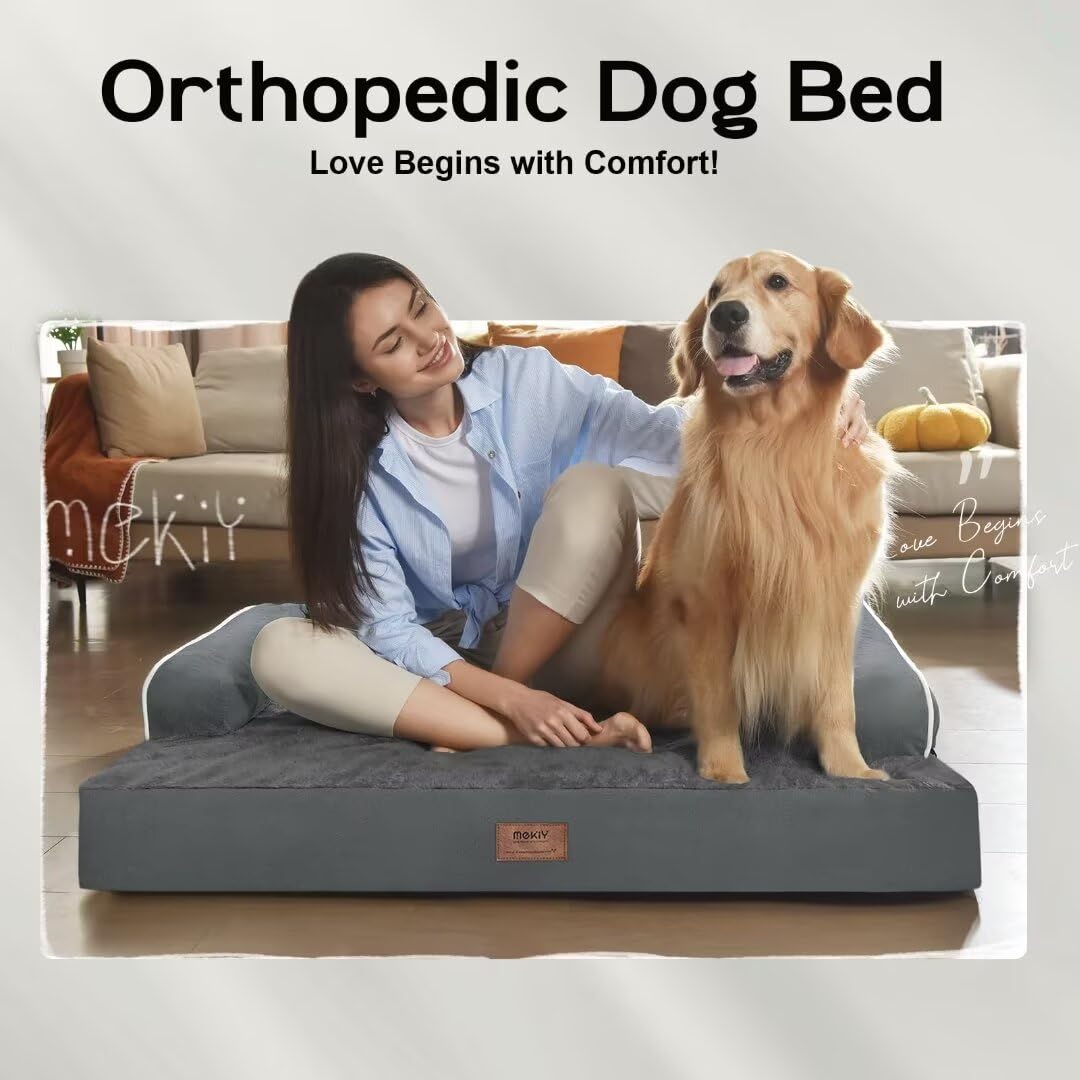 Large Dog Bed Orthopedic Washable - Beds Bolster - Extra Xl Xlarge Big Dogs - Memory Foam Couch Sofa - Waterproof With Removable Cover - Dark Grey Dog Bed