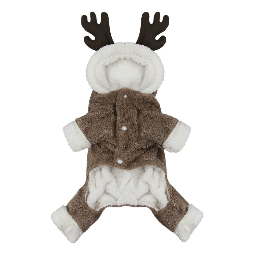 Cute Cartoon Pet Reindeer Cosplay Halloween Christmas Elk Costume Dog Puppy Hoodie Coat Jacket Clothes Soft Coral Velvet Fleece Winter Warm Hooded Sweater Jumpsuit Outfit Apparel For Small Dogs Cats
