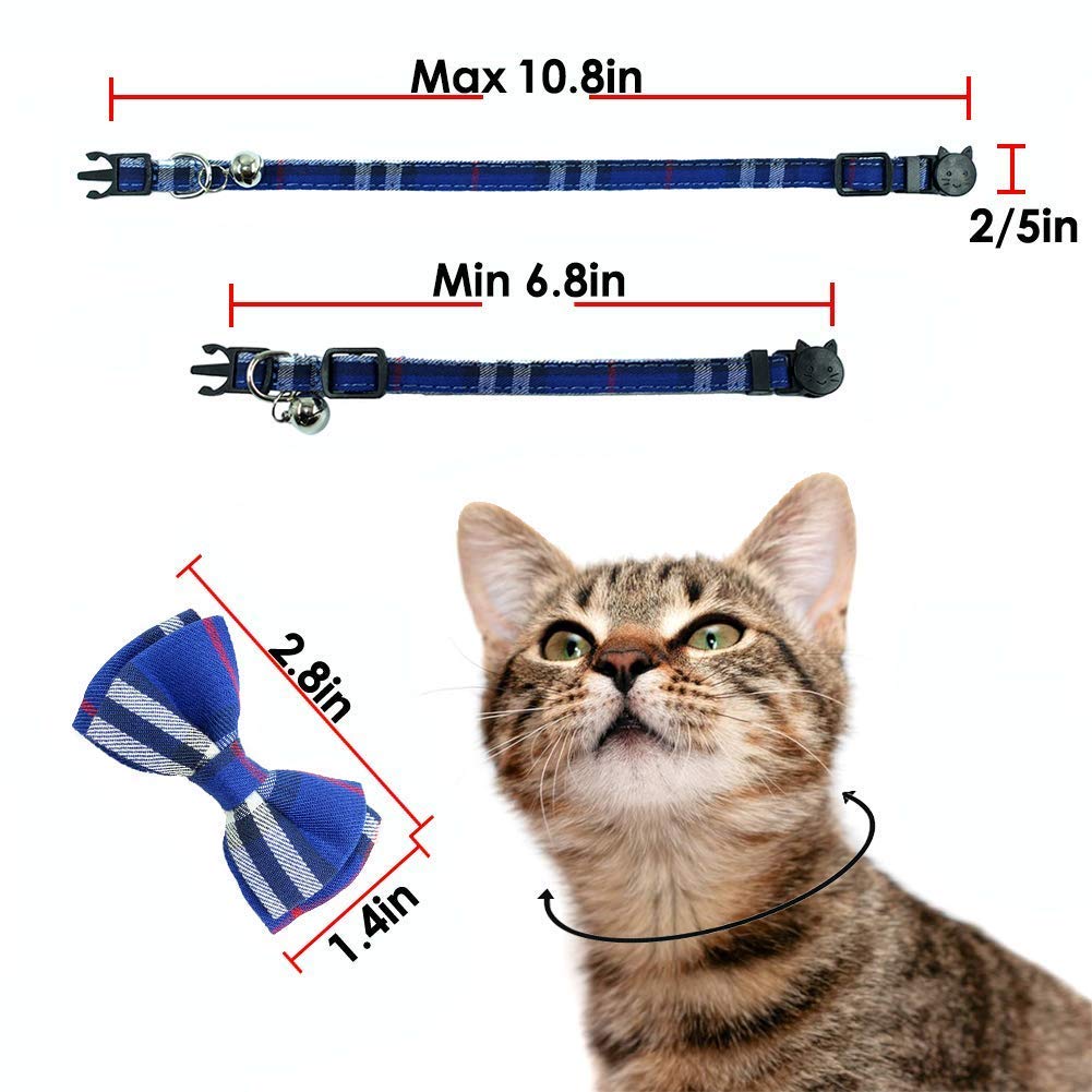 Cat Collar Breakaway With Bell And Bow Tie, Plaid Design Adjustable Safety Kitty Kitten Collars(6.8-10.8In) (Blue Plaid 1)
