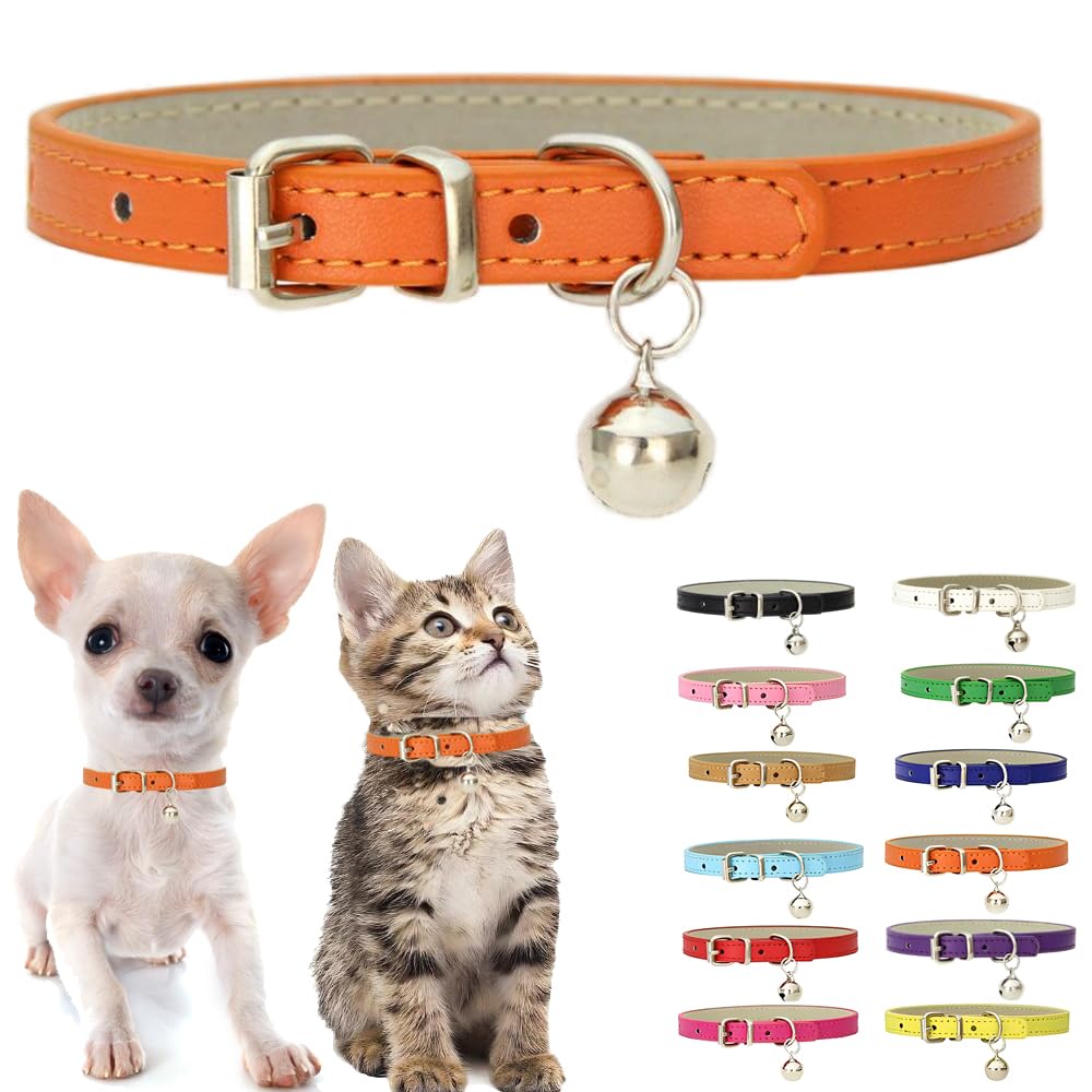 Orange XXS Kitten Collar with Bell, Soft Pu Leather Dog Collars Adjustable Buckle for XS Extra Small Medium Tiny Female Male Boy