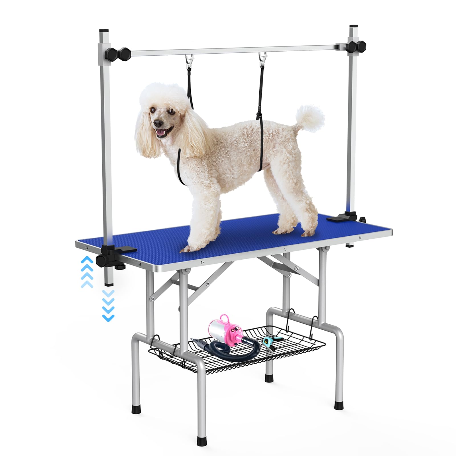 Lyromix 46Large Dog Grooming Table, Adjustable Cat Drying Desktop with Arms, Nooses, Mesh Tray, Foldable Pet Station at Home, 
