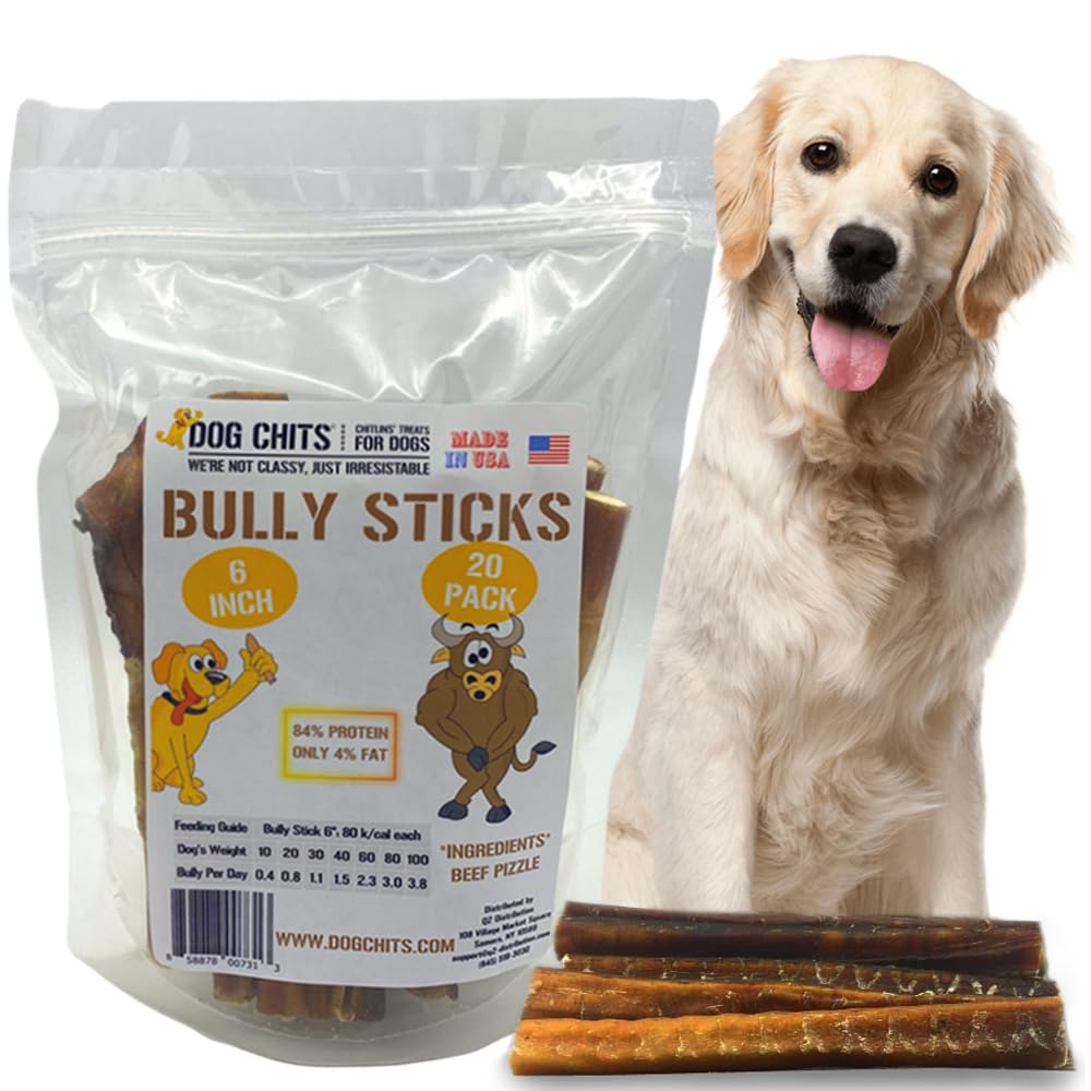 Dog Chits Bully Sticks for Dogs and Puppies | 6-inch, 20 Pack | Natural Healthy Long Lasting Chew for Large and Small Dogs Prote