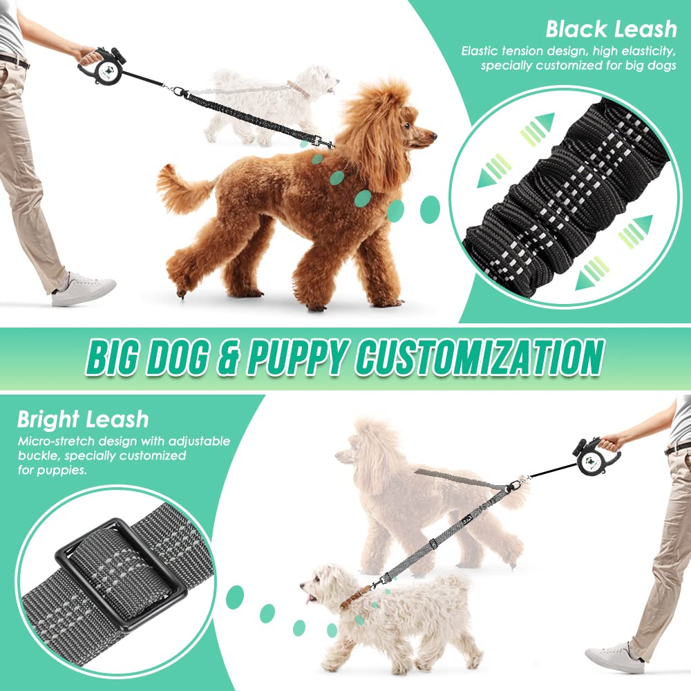Autowt Two Dog Lead, 2 In 1 Upgraded Double Dog Leash Attachment Combine Adjustable Strap And Shock Absorbing Bungee No Tangle Dual Training Splitter For Medium Large Dogs (Black & Grey)