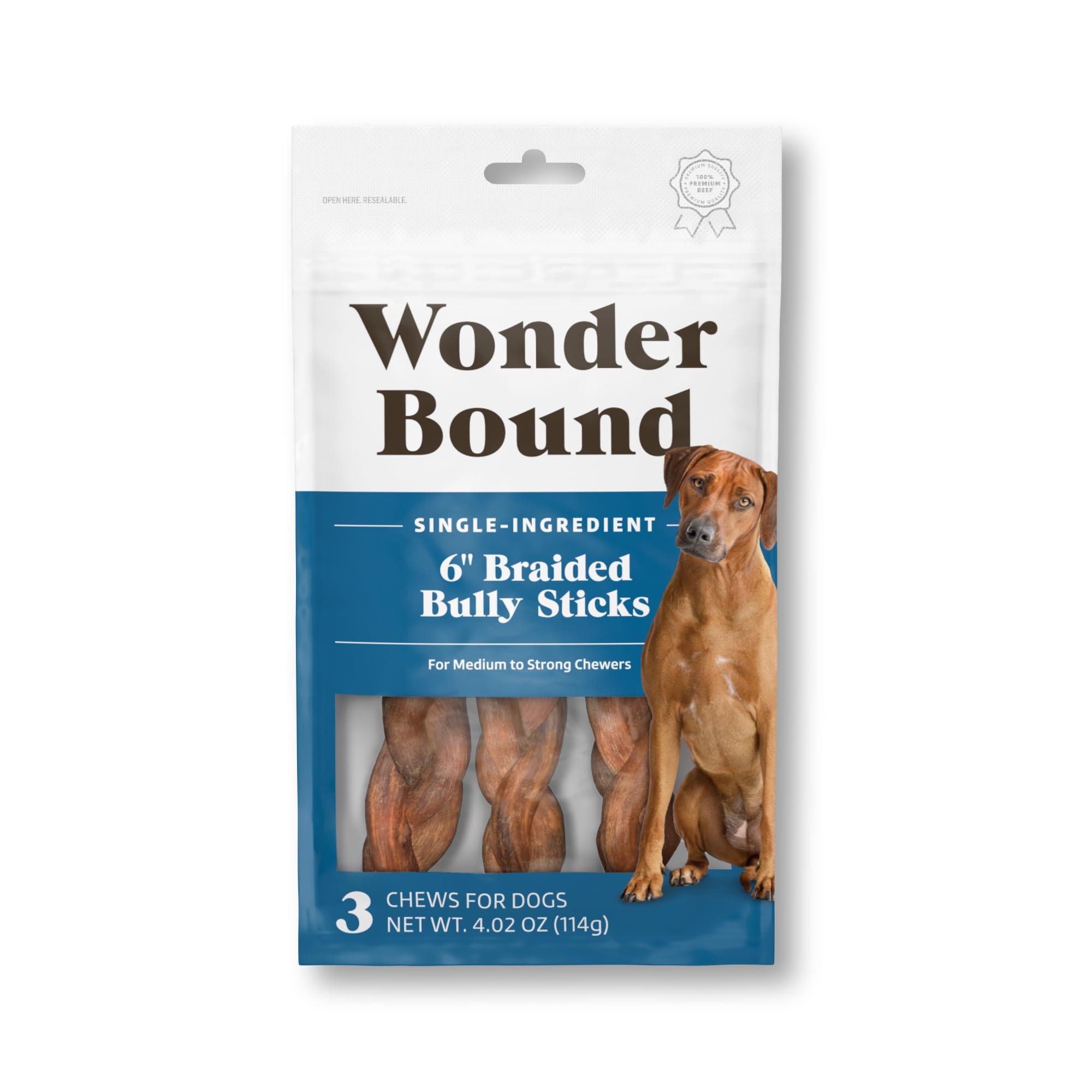 Amazon Brand - Wonder Bound Braided Bully Sticks, All-Natural, Highly Digestible, Long Lasting Dog Beef Treats, 6 inch, 3 Count