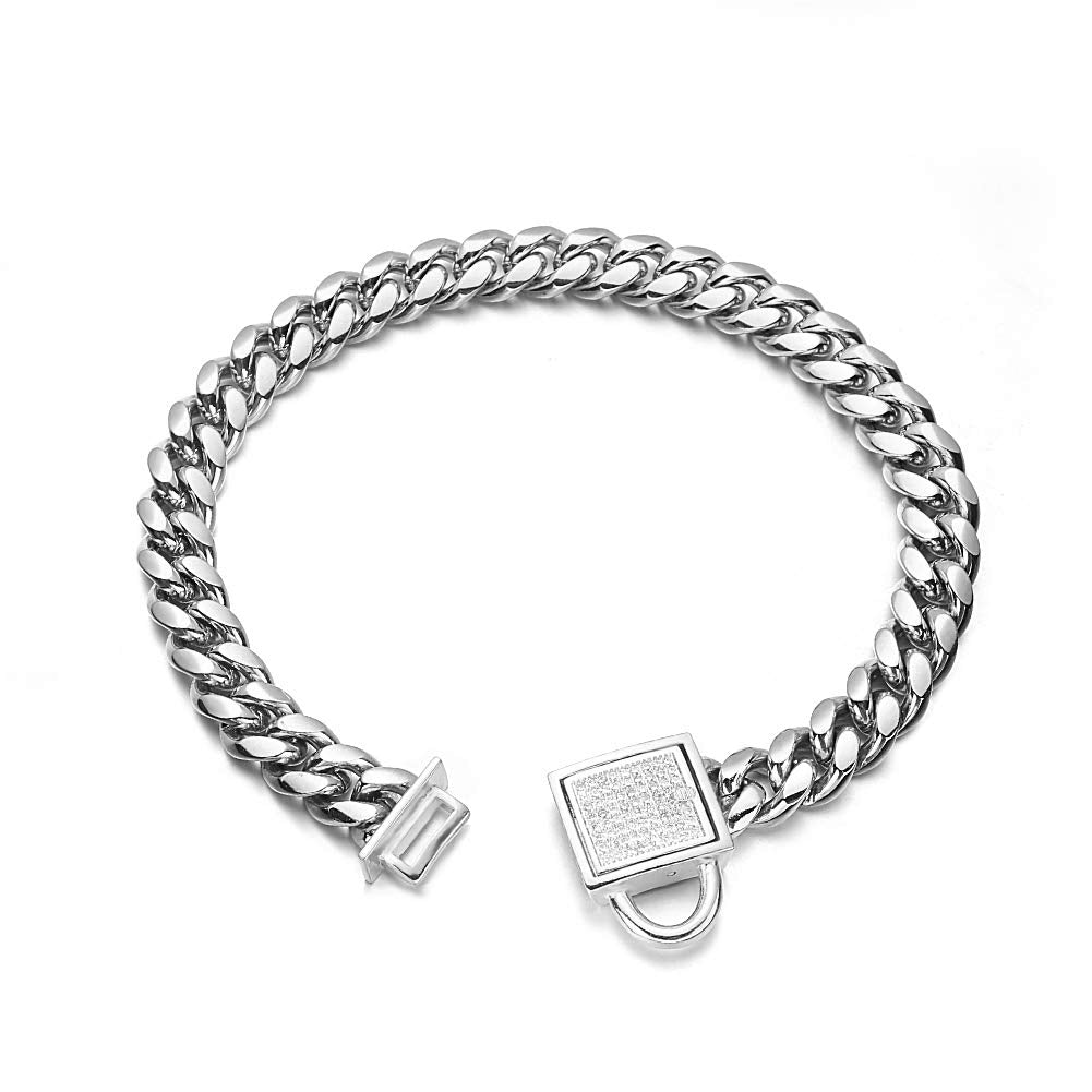 Aiyidi Dog Chain Collar 10Mm Wide Cuban Link Puppy Collar 316L Stainless Steel With Cz Diamond Lock Bling Collar For Large Dogs(