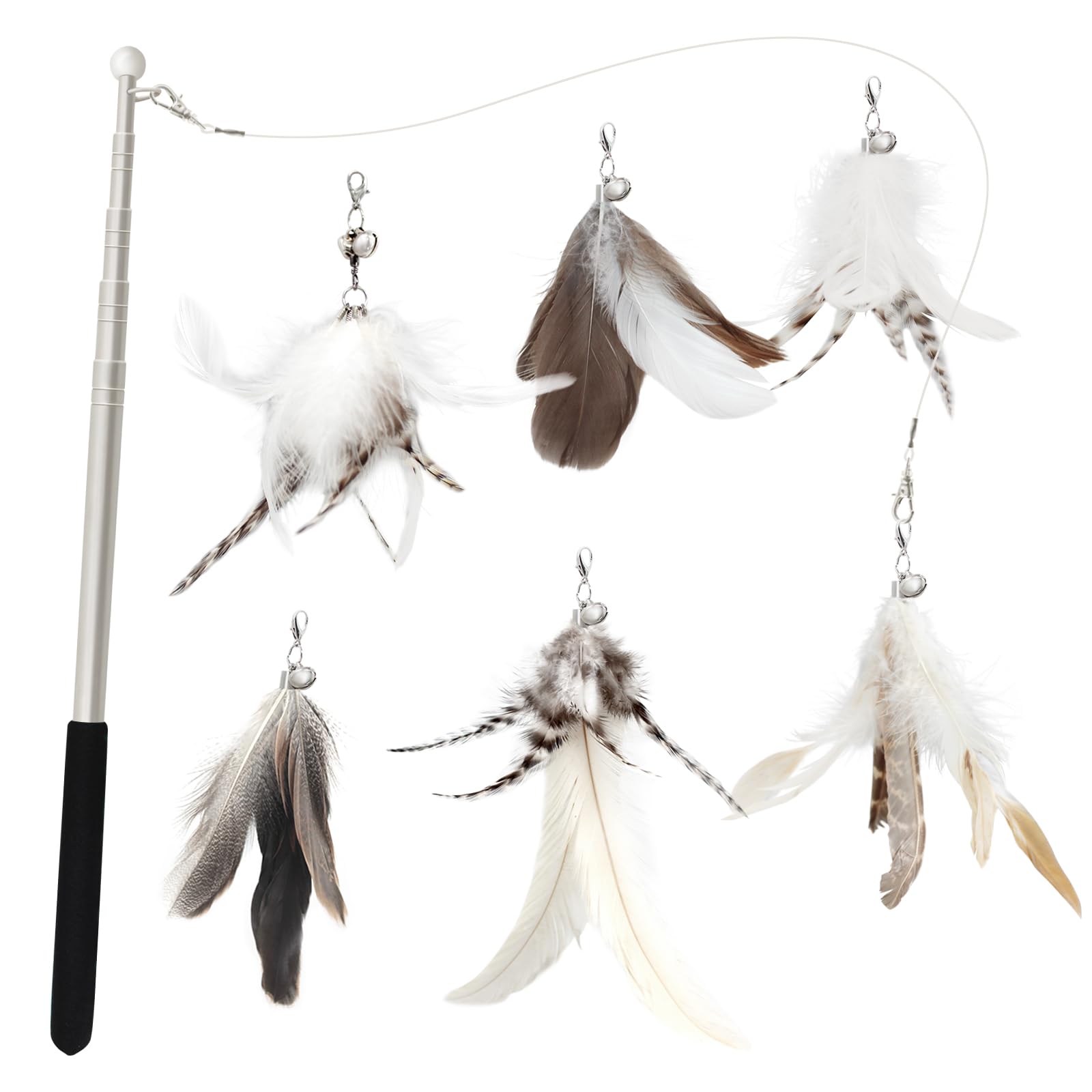 Songway Cat Feather Toys Wand - 7 Pcs Interactive Cat Toys For Indoor Cat Kitten, Retractable Cat Wand Toy With 6 Natural Feather Refills With Bell, Cat Fishing Pole Toy