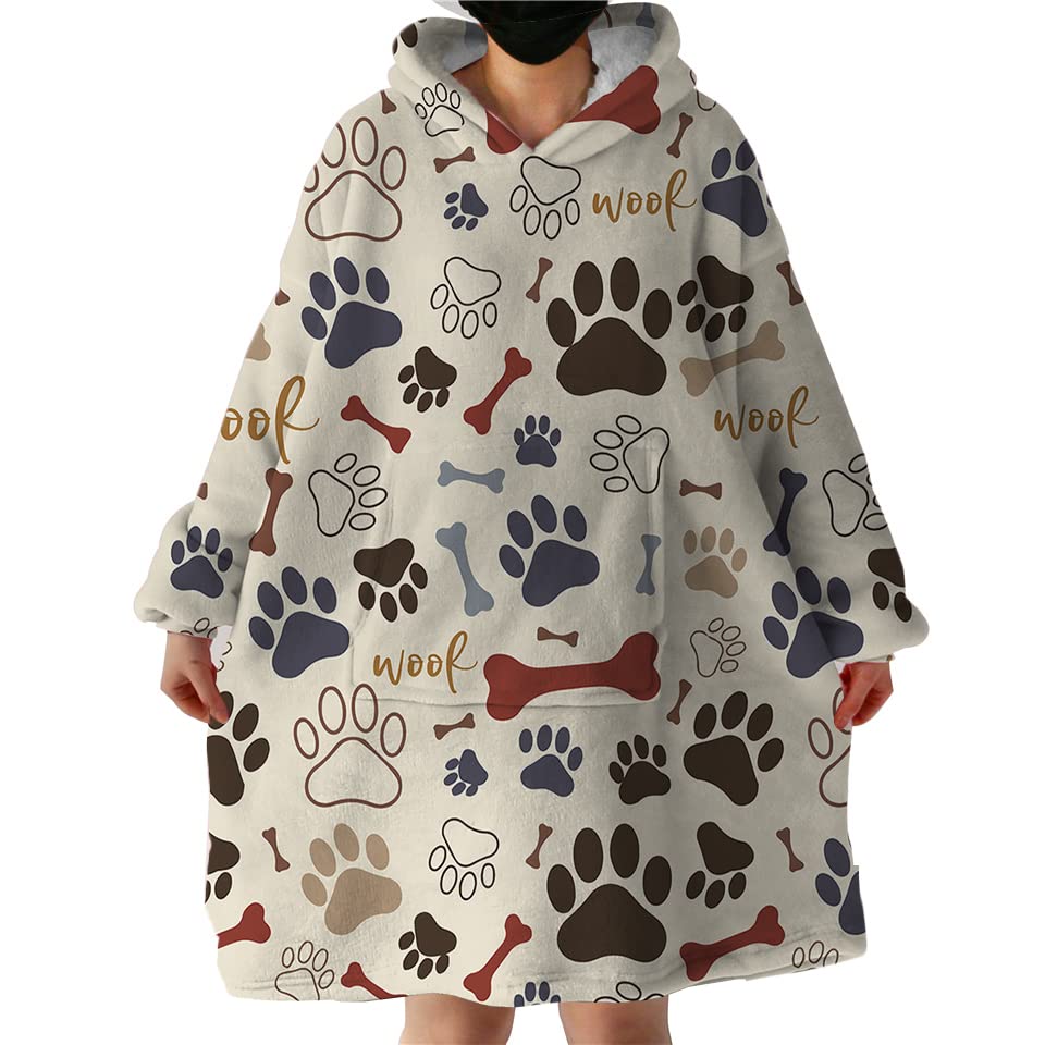 Sleepwish Pet Dog Paw Prints Wearable Blanket Fleece Hoodie for Women Girls Boys Dog Paw Bone Brown Sherpa Oversized Sweatshirt 