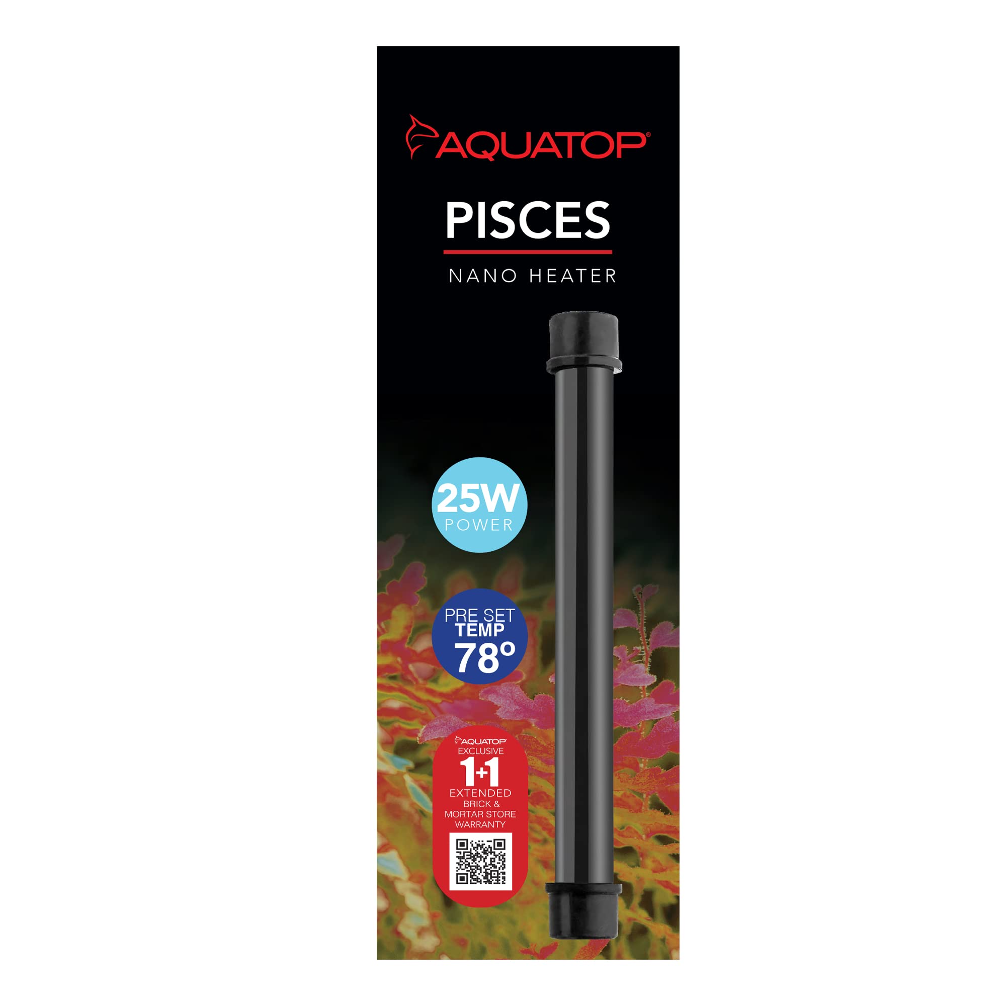 Aquatop 25W Pisces Nano Heater - Fully Submersible For Nano Fish Tanks Up To 8 Gallons, Preset 78F Electric Thermostat, Heat-Res