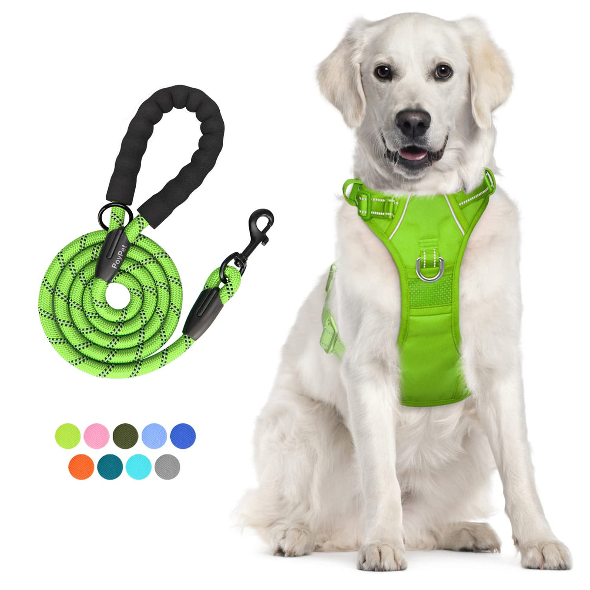 Poypet No Pull Dog Harness And 5 Feet Leash Set, Release On Neck Reflective Adjustable Pet Vest, Front & Back 2 D-Ring And Soft Padded Pet Harness With Handle For Small To Large Dogs(Green,L)