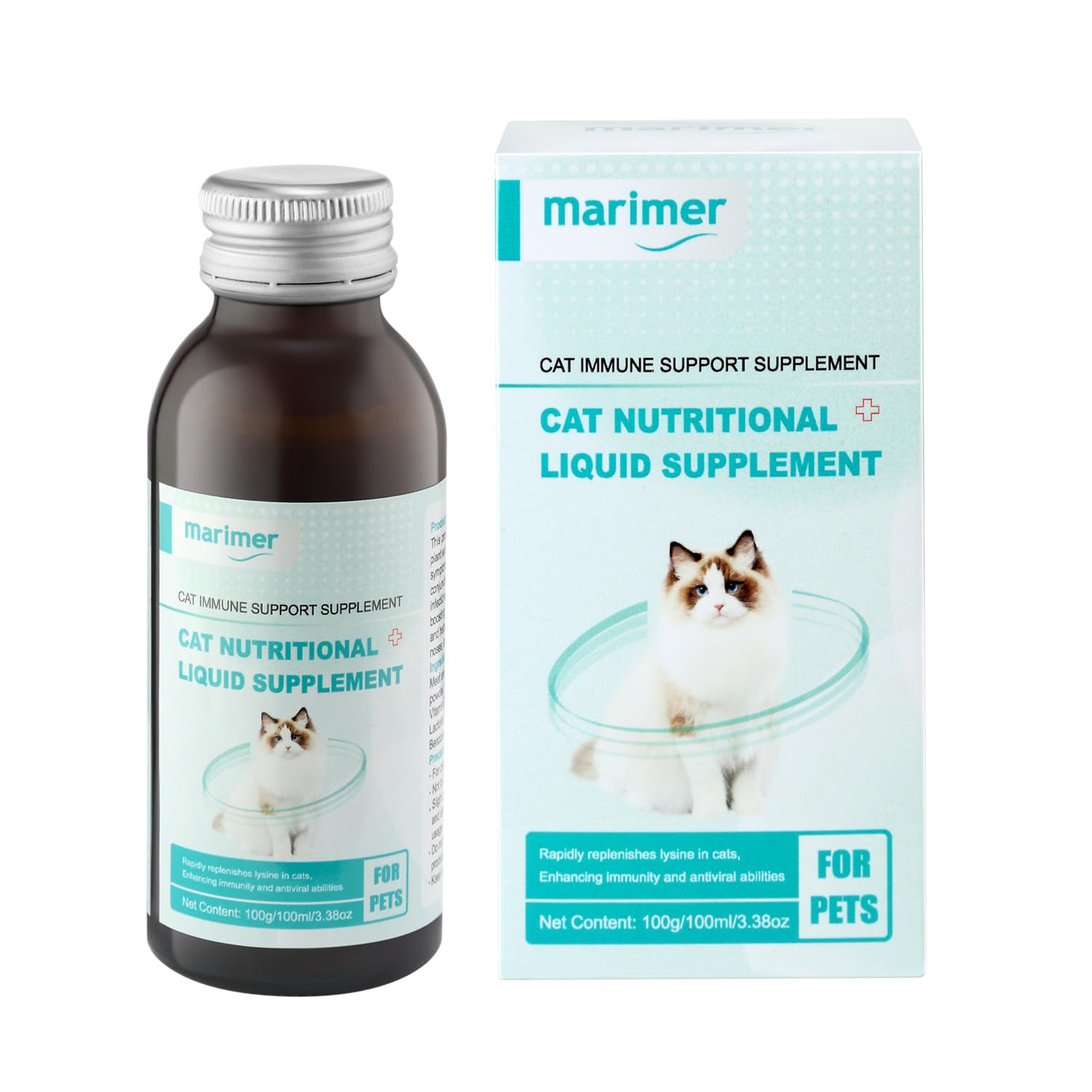 MARIMER Cat Immune Support Supplement, Nutritional Liquid with L-Lysine and Astragalus, Enhances Immunity and Relieves Herpes Sy