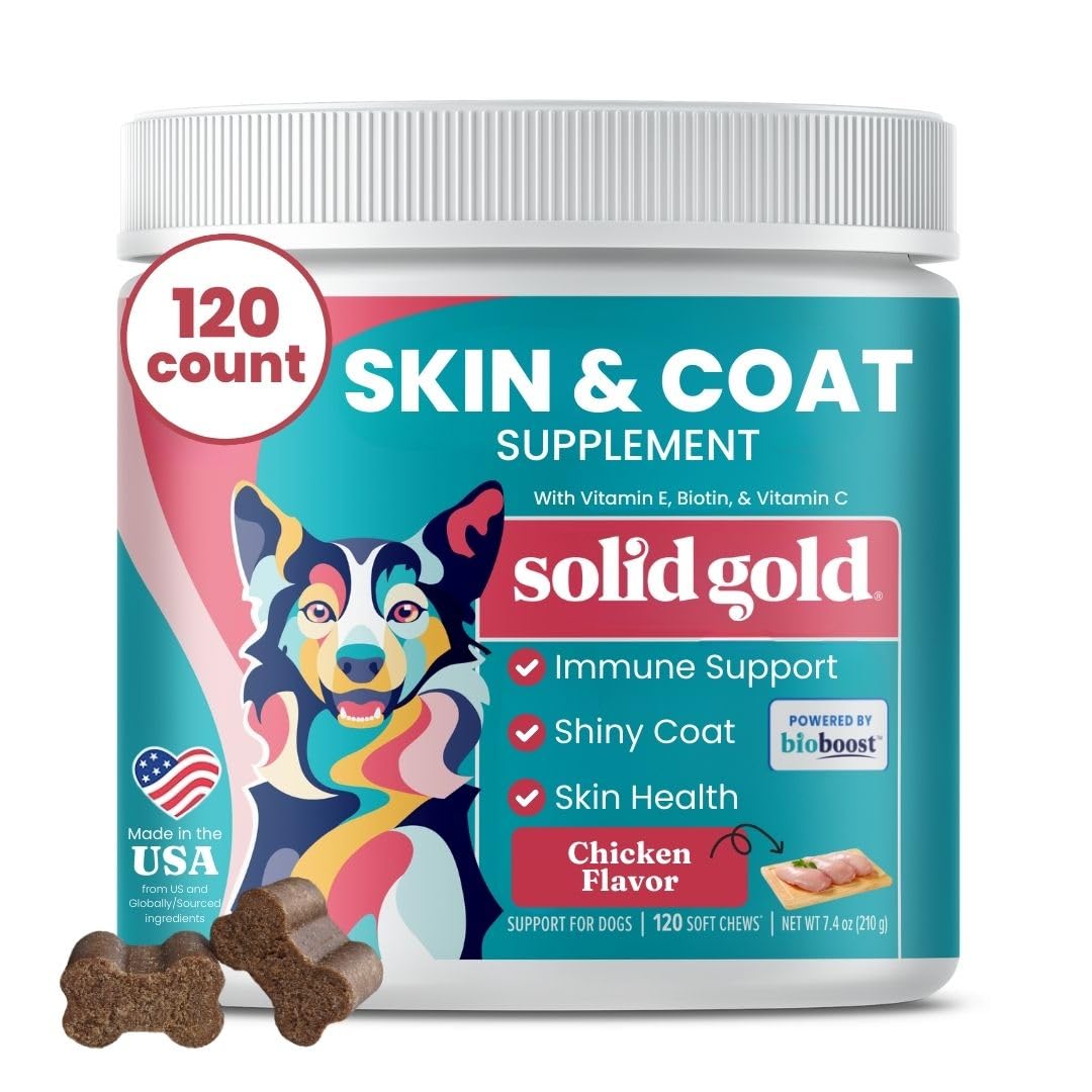 Solid Gold Omega 3 Fish Oil for Dogs Soft Chews - Chicken Flavored Omega 3 for Dog Skin & Coat Health - Vitamin C, E & Biotin Ch