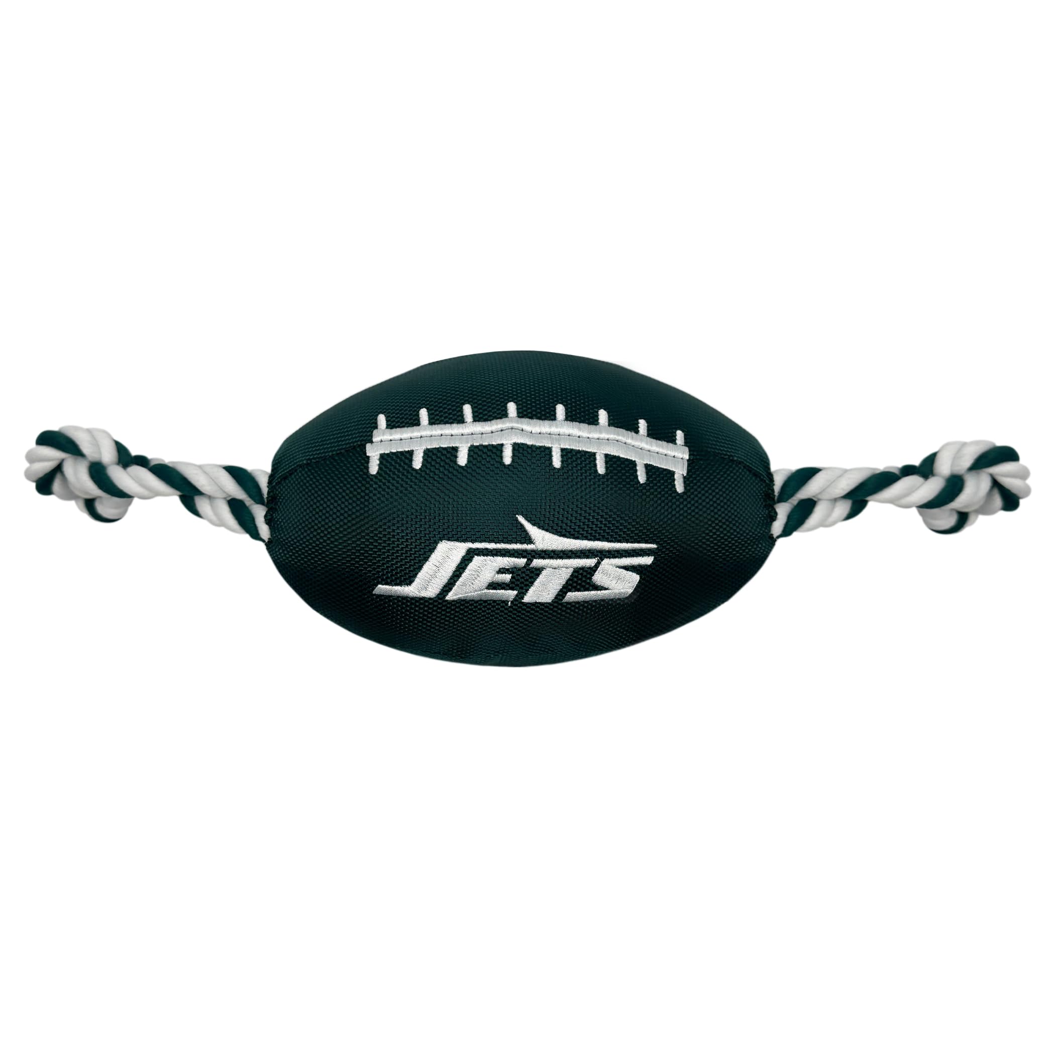 Pets First NFL New York Jets Football Dog Toy, Tough Quality Nylon Materials, Strong Pull Ropes, Inner Squeaker, NFL Team Color