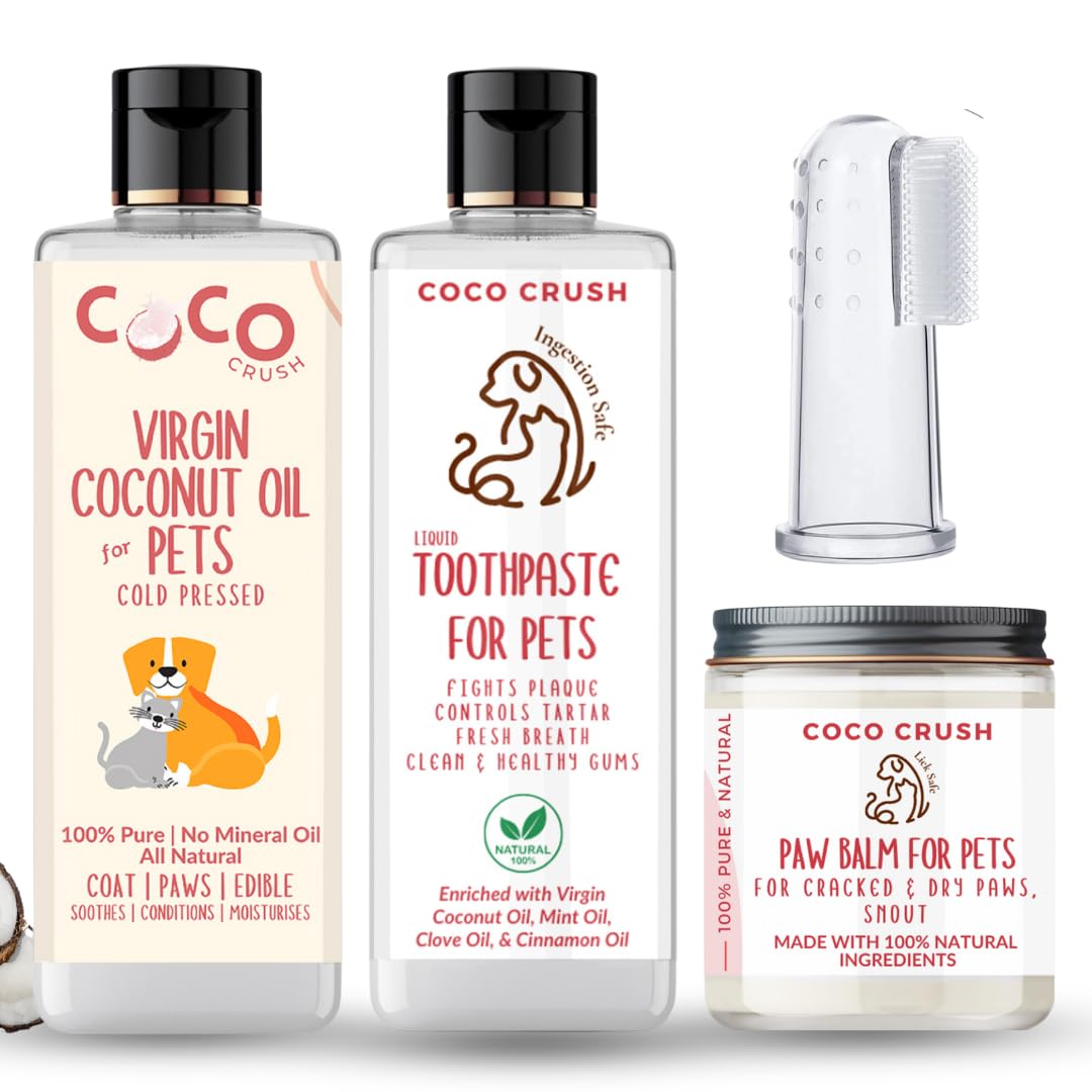 Coco Crush Pet Essentials Combo, Natural Toothpaste, Toothbrush, Coconut Oil & Paw Balm | Safe To Ingest | Suitable For Dogs, Ca