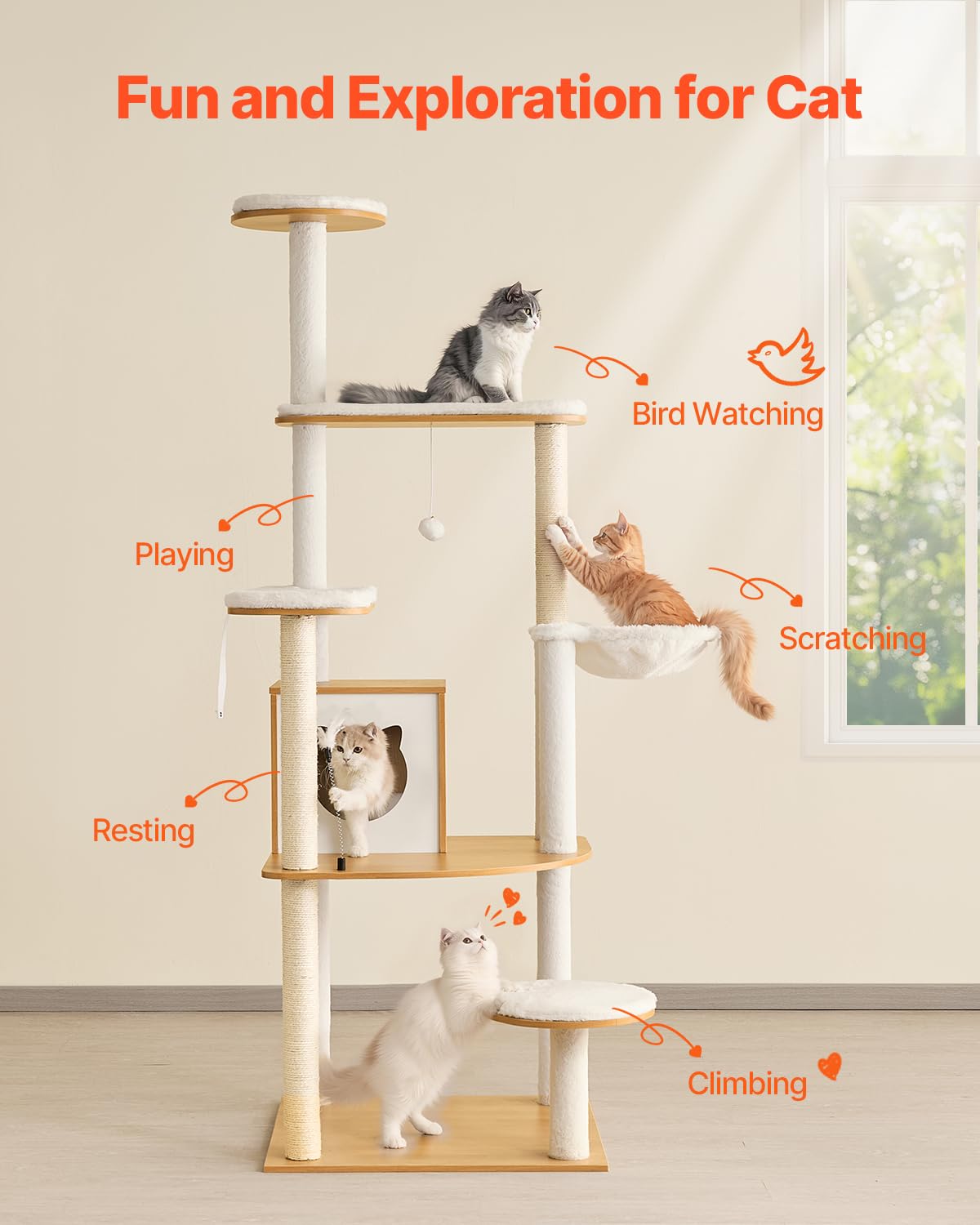 VEVOR Large Cat Tree, 68.9 inches Tall, Cat Tower, Multi-Level Cat Condo Furniture Activity Center with Cozy Perches, Sisal Scra