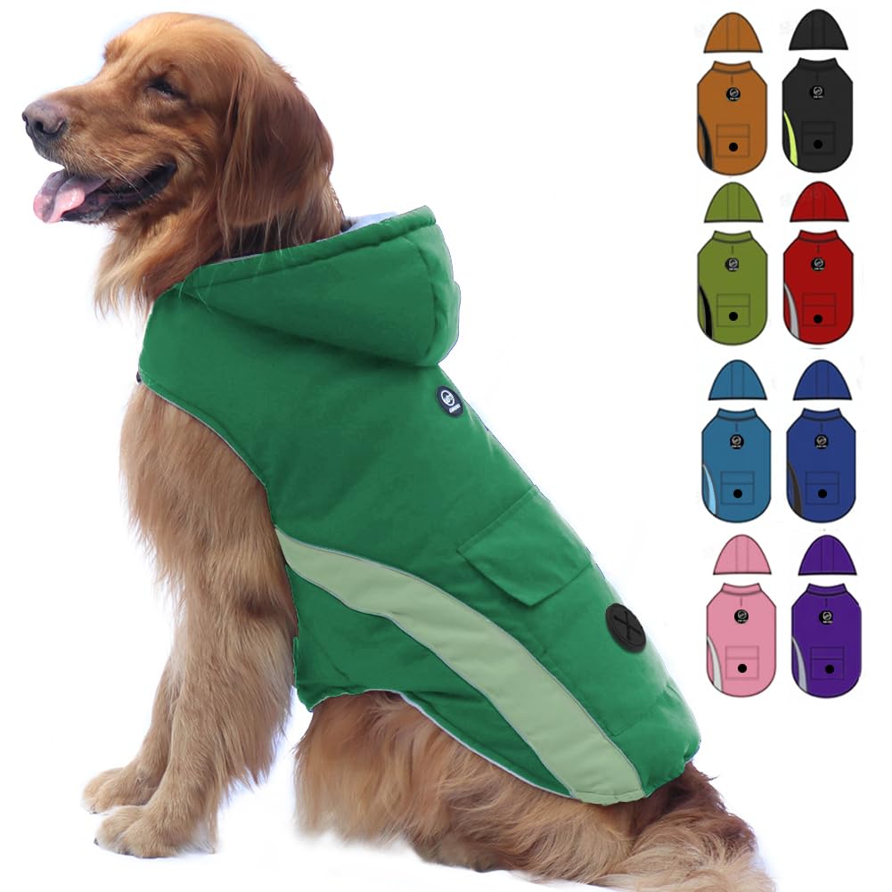 Emust Dog Coat - Windproof Winter Jacket With Hood, Large Dog Coats For Cold Weather, Thick Pet Apparel With Pocket, Xl/Green