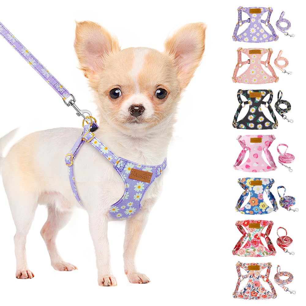 Slowton No Pull Dog Harness With Leash - Soft Lightweight Floral Pattern Puppy Harness, Adjustable Pet Harnesses For Small Mediu