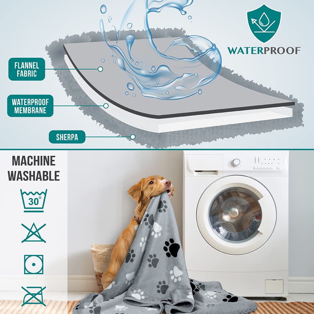 Petami Waterproof Dog Blanket For Small Medium Dogs, Pee Proof Pet Blanket Sherpa Fleece Couch Cover, Reversible Cat Throw Bed Sofa Protector, Soft Plush Washable Pad (Medium 29X40, Paw Print Gray)