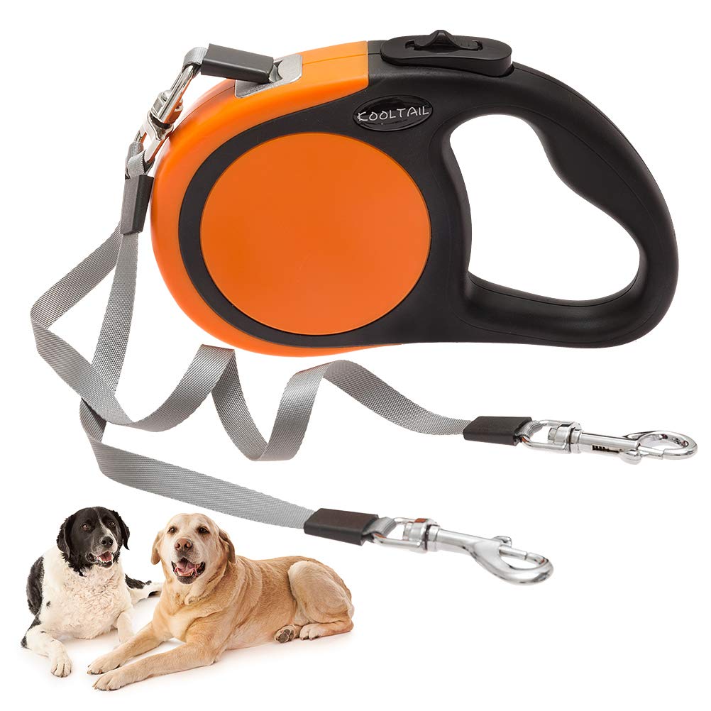 Kooltail Dual Retractable Dog Leash For Two Dogs Up To 110 Lbs, Heavy Duty Double Headed 16 Ft Flexi Extendable 360° Tangle-Free One Button&Lock Brake Dog Leash For Small Medium Large Dogs Puppyorange