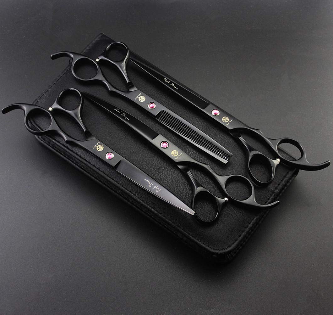 Purple Dragon Professional 7.0 Inch 4Pcs Pet Grooming Scissors Kit Japan Premium Steel Straight & Curved & Thinning Blade Dog Hair Cutting Shears Set With Case