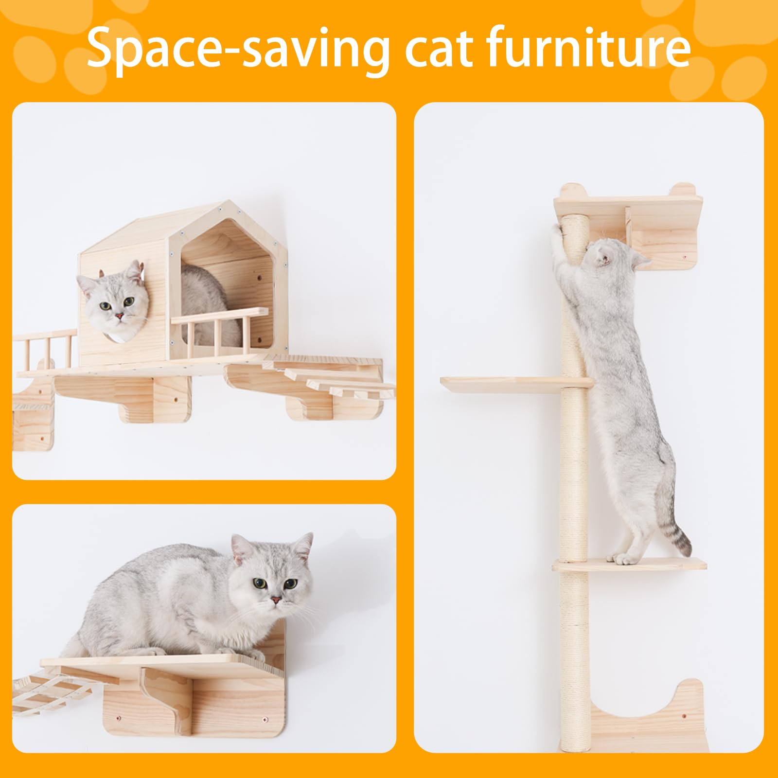 Cat Shelves For Wall, Climbing Shelves Wall-Mounted Furniture Set, Shelf With 1 House, 1 Bridge Ladder, 3 Scratching Posts And 5