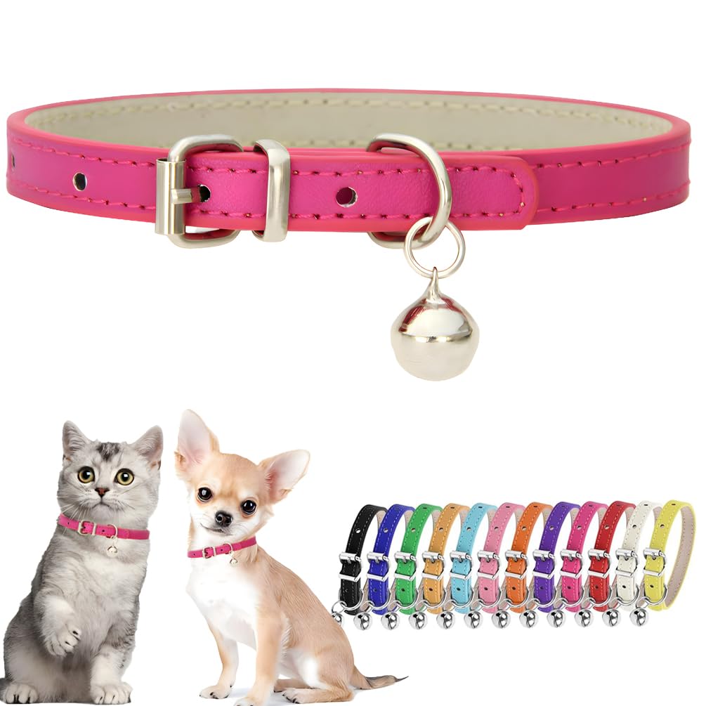 Hot Pink Xxs Dog Collar With Bell Girls Pu Leather Puppy Collar With Bell Adjustable Buckle Cat Kitten Collars For Xxsmal Xs Tin