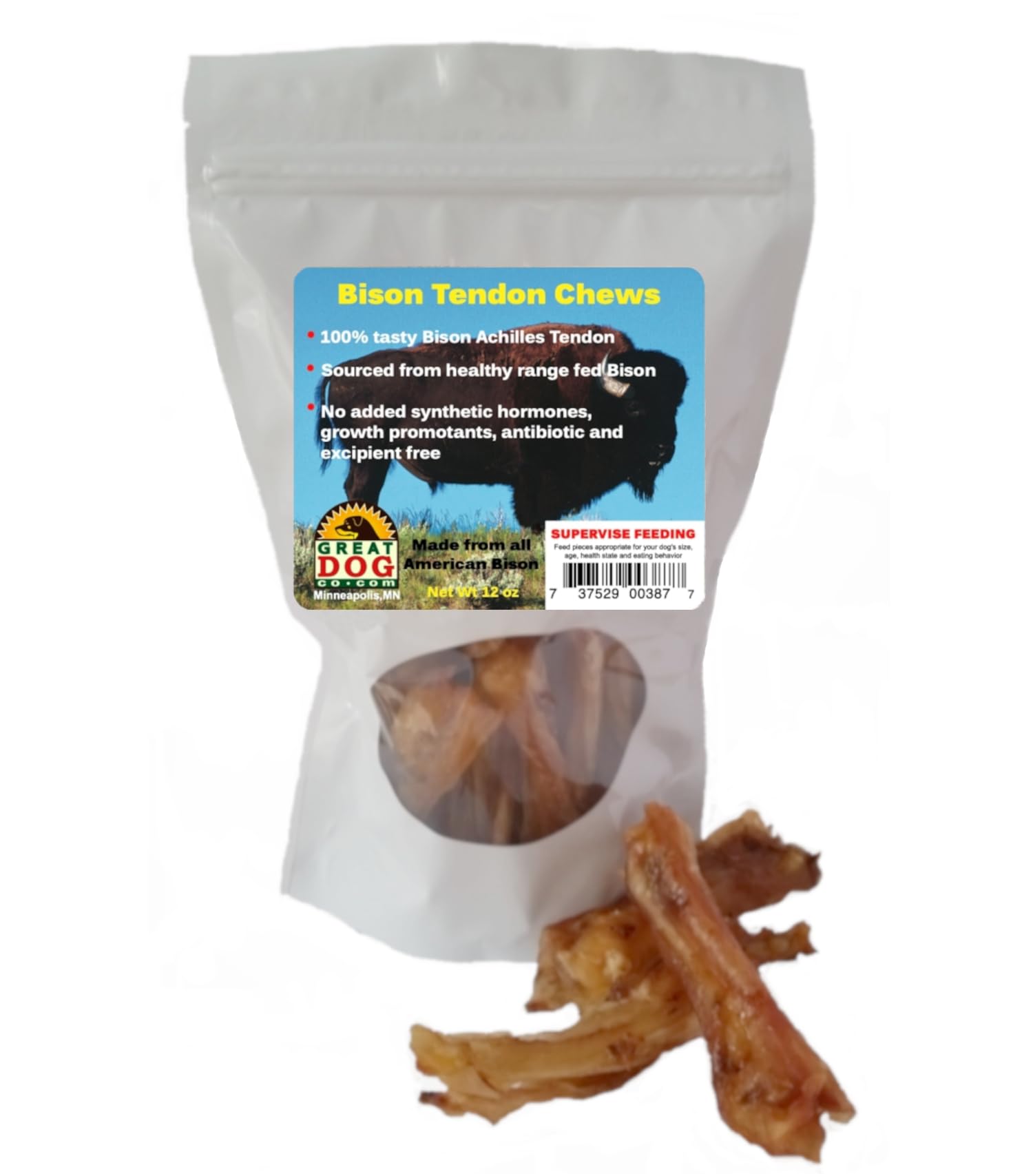 Great Dog Bison Achilles Tendon Chews - 12 oz Bag | All-Natural, Long-Lasting, USA Sourced & Made | Hypoallergenic, Grain-Free D