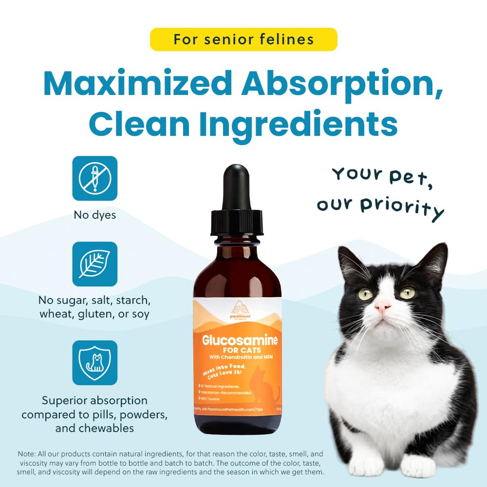 100% Natural Liquid Glucosamine Chondroitin with MSM for Cats, Hip & Joint Supplement for Senior Felines, Arthritis Support & Mo