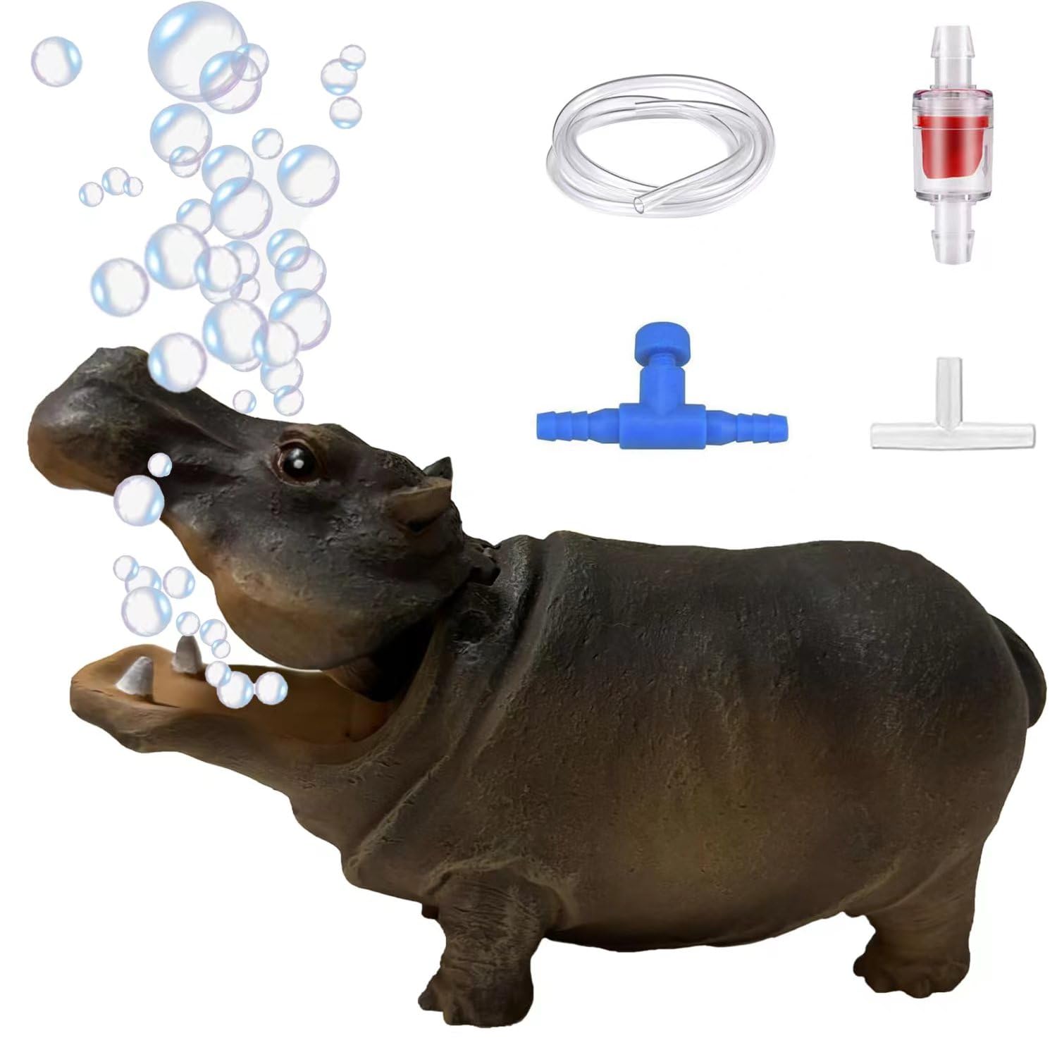 Flitsvuur Fish Tank Bubbler Decorations Aquarium Ornament Kit with Air Stone Pump - Hippo Aquarium Decor (9.8ft Tube)