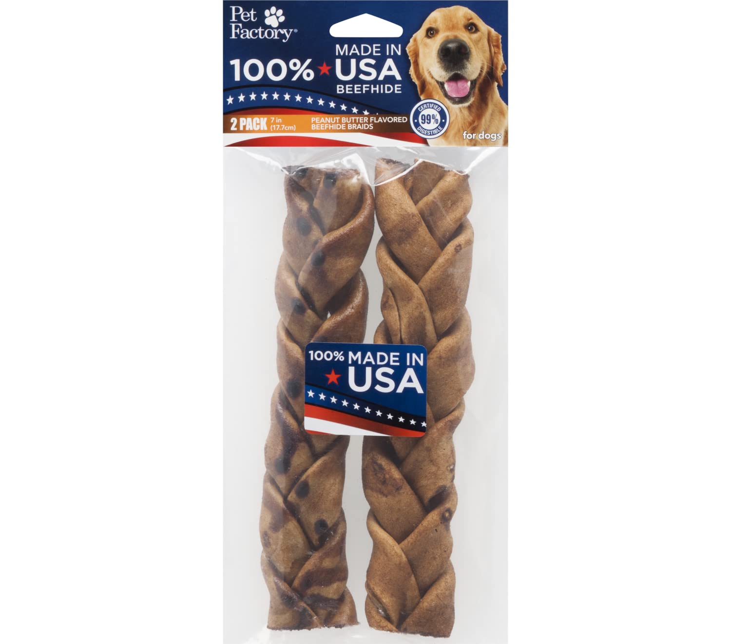 Pet Factory 100% Made in USA Beefhide 7 Braided Sticks Dog Chew Treats - Peanut Butter Flavor, 2 Count/1 Pack