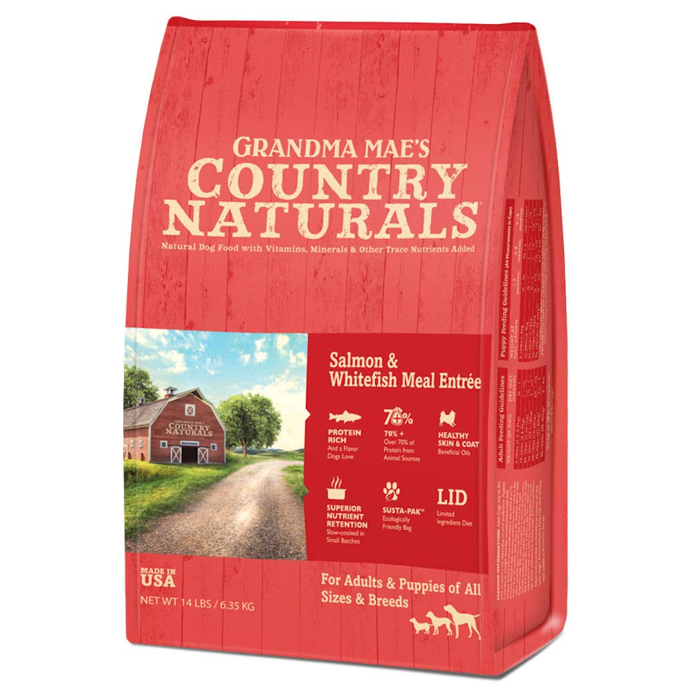 Grandma Maes Country Naturals Dry Dog Food, Salmon, Whitefish & Brown Rice, Slow Cooked & Nutrient Dense, Made in USA, 14 LB Ba