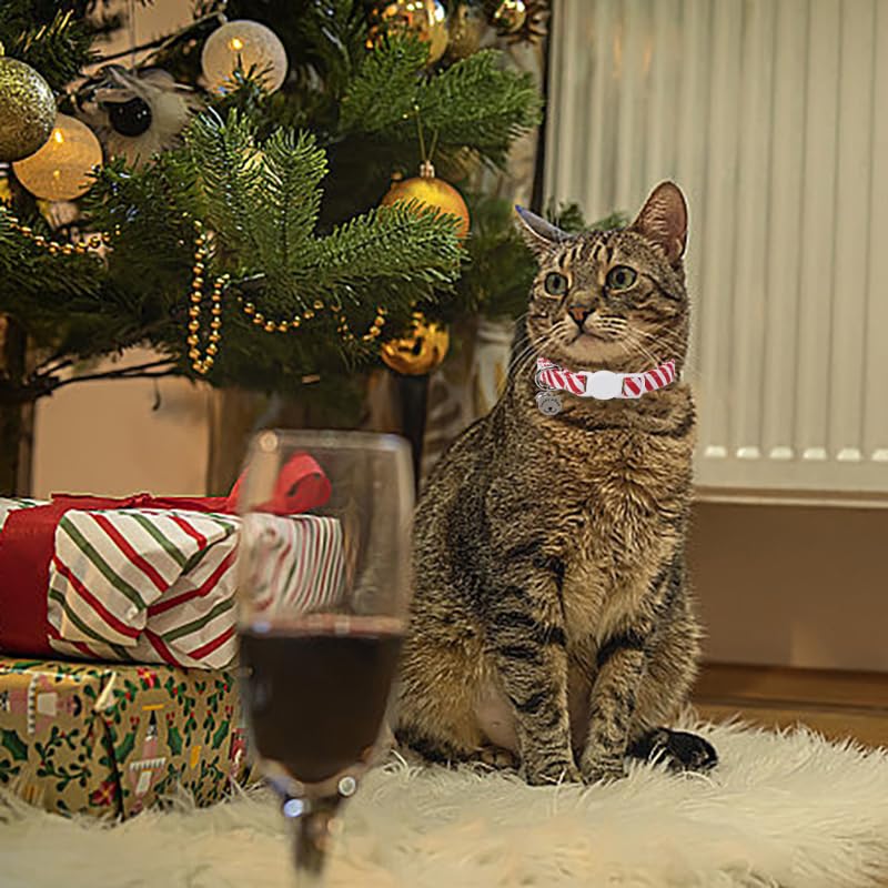 Lionet Paws 2Pcs Pack Cotton Cat Collar,Breakaway Buckle With Christmas Red Whtie Stripe Cute Adjustable Cat Kitten Collar,Ideal