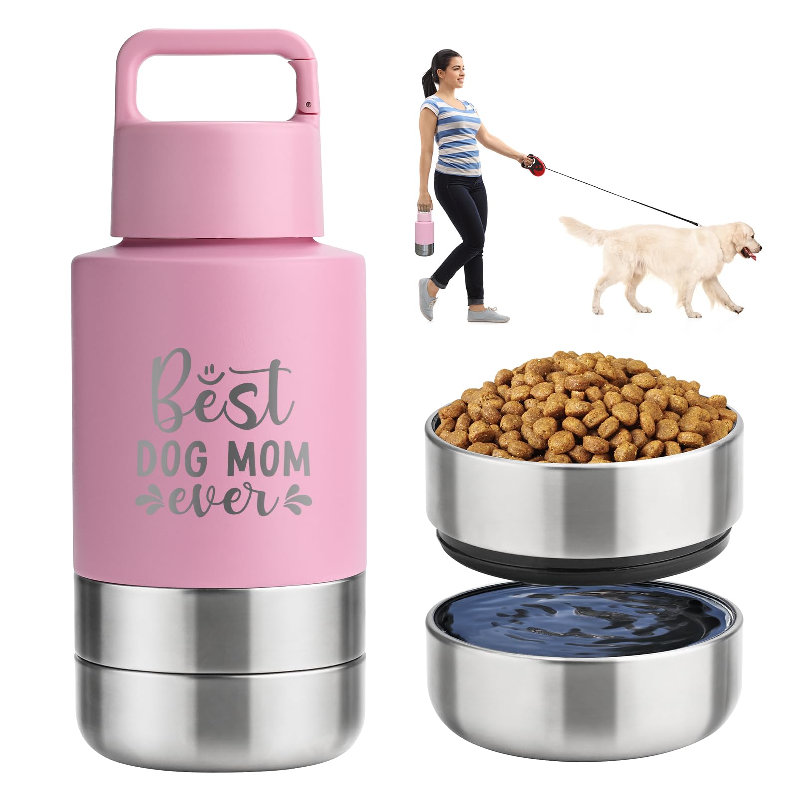 KEWIXY Insulated Dog Travel Water Bottle With Detachable Bowls, Ideal Dog Mom Gifts for Women, Portable Water Bottle Dispenser, 