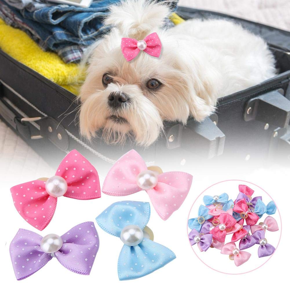 Heepdd 20Pcs Pet Grooming Bowsknots With Faux Pearls - Hair Bands For Cats, Dogs, Kittens, Puppies