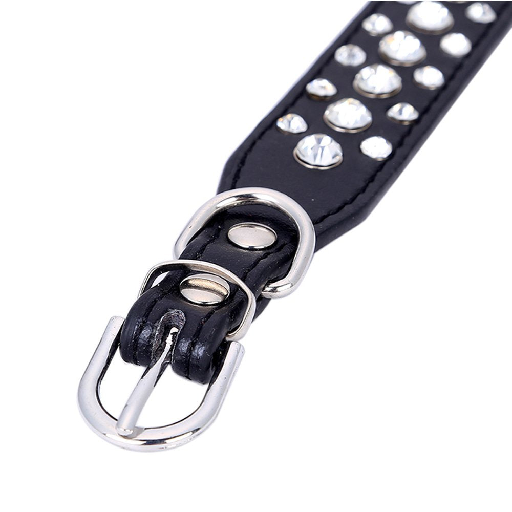Dogs Kingdom 12''-20'' Length Personalized Rhinestone Leather Bling Crystal Pet Dog Cat Collars For Small Medium Breeds Black M