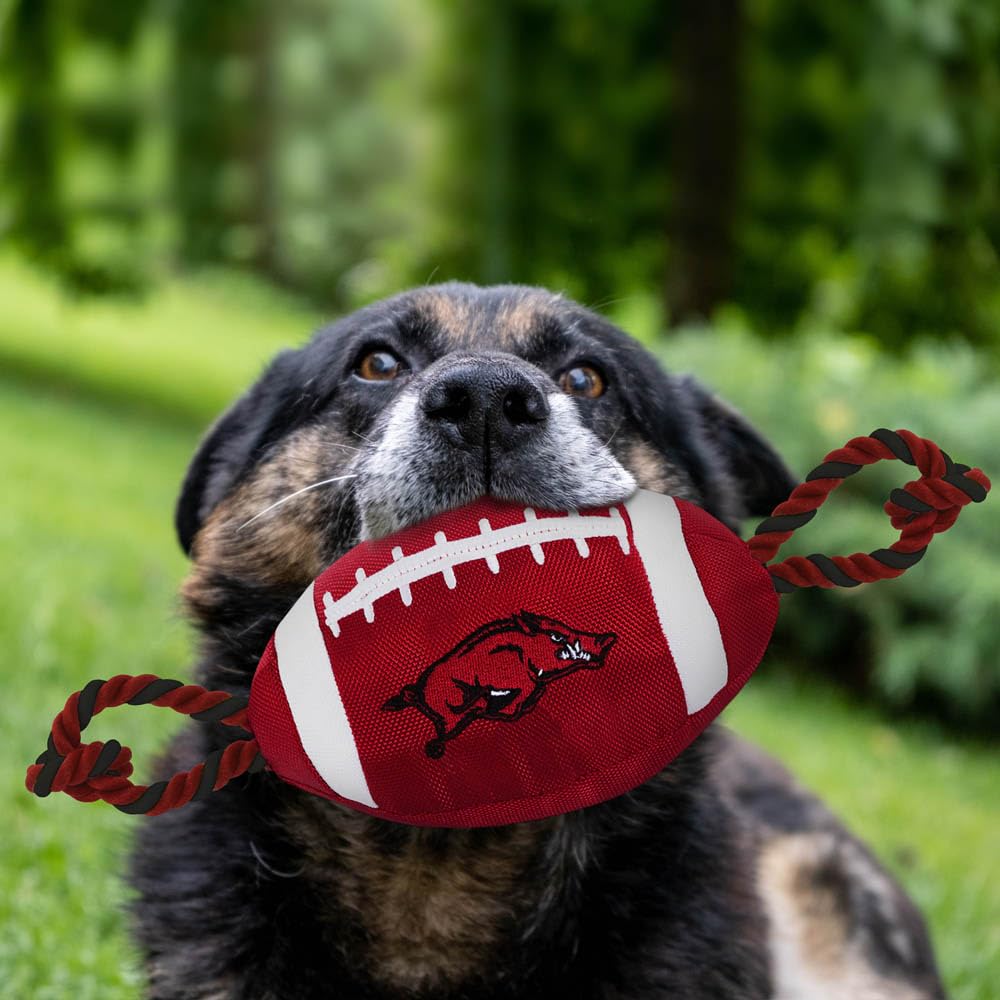 Pets First NCAA Arkansas Razorbacks Football Dog Toy, Tough Quality Nylon Materials, Strong Pull Ropes, Inner Squeaker, Collegia