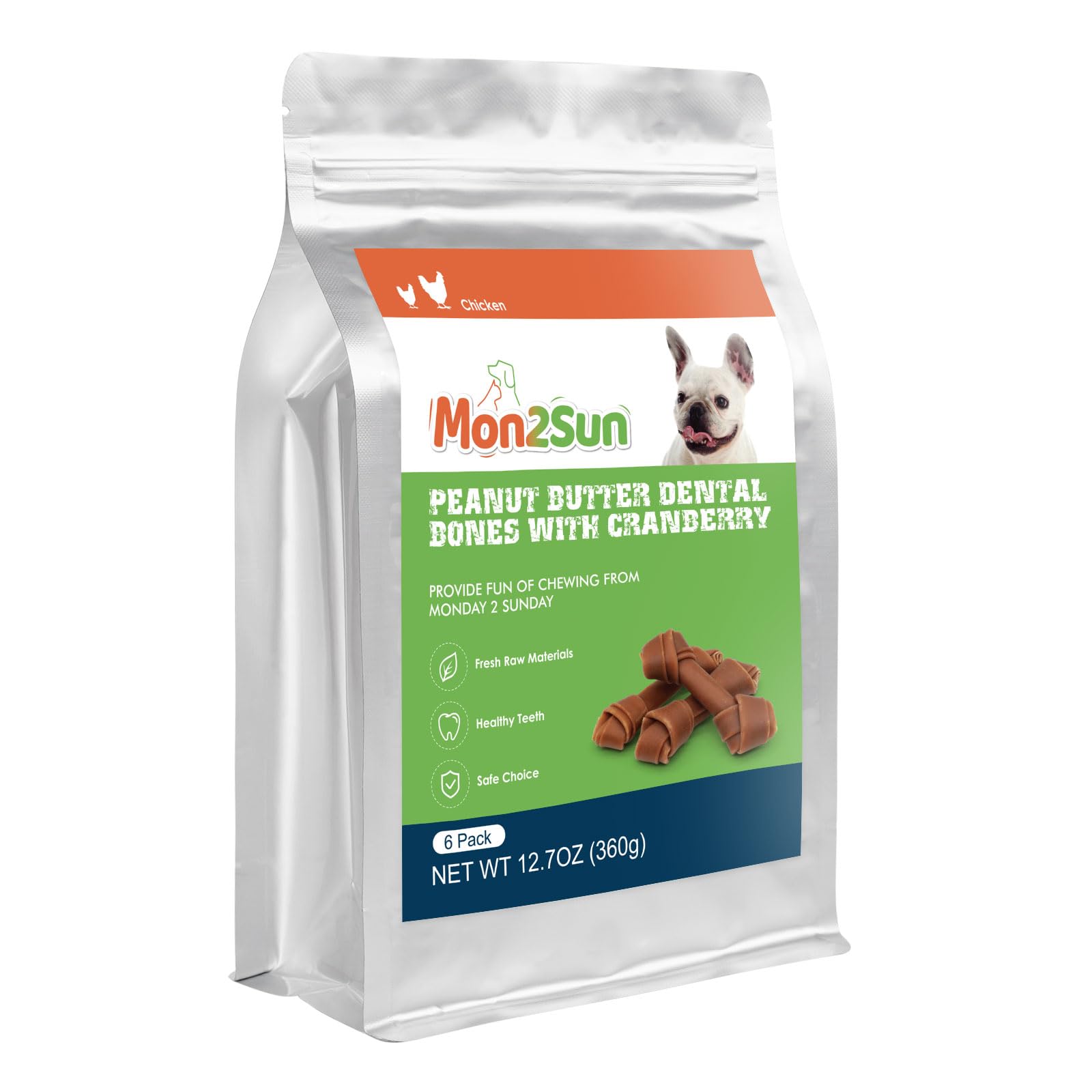 MON2SUN Rawhide Free Dog Treats, Peanut Butter Bones, 5 Inch 6 Count Chews for Small and Medium Dogs, Healthy Bones for Balanced