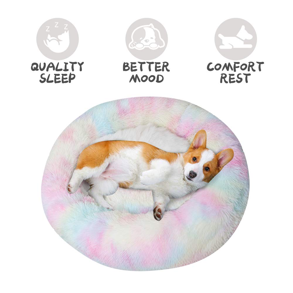 Cat Beds For Indoor Cats - Anti Anxiety Round Dog Beds For Small Medium Dogs, Fluffy Plush Faux Fur Pet Bed (Rainbow, Large 24''