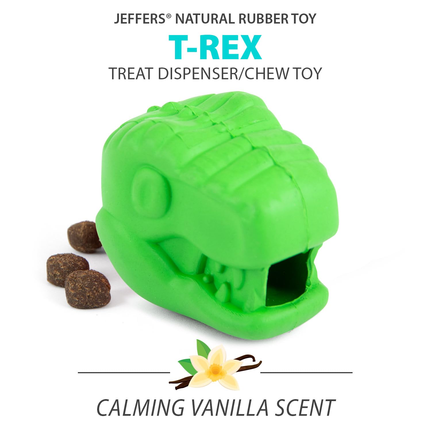 Jeffers Pet Natural Rubber Dog Chew Toy - T-rex Shape, Large - Treat Dispensing, Vanilla Scent, Durable, Non-Toxic, Dishwasher S