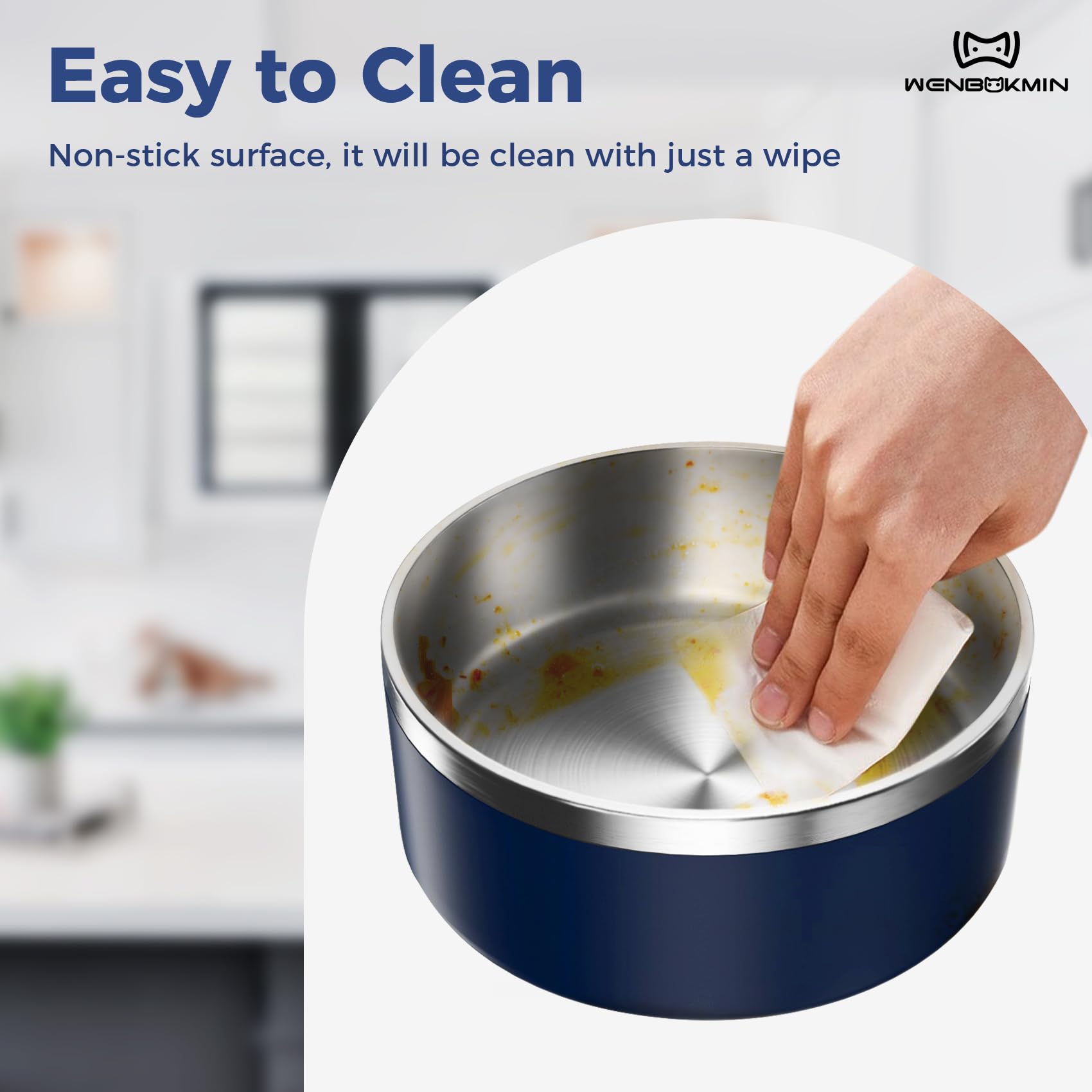 WENBOKMIN Dog Bowl, Stainless Steel Dog Food and Water Bowl with Non Slip Quiet Bottom, Easy to Clean, Dishwasher Safe, 64oz, Bl
