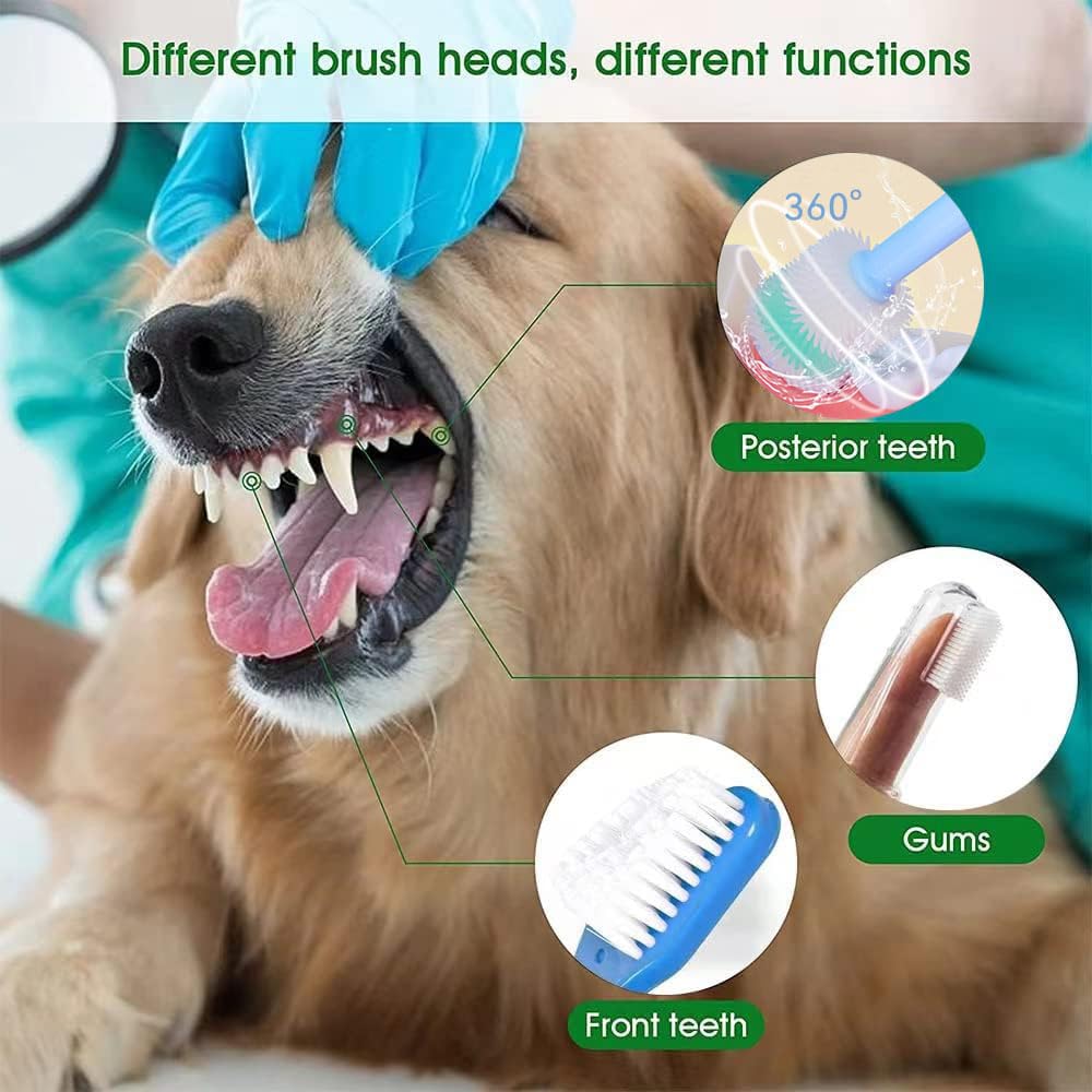 AZOFFYIU Triple Head & Double Head Dog Toothbrush Set, Finger Rubber Toothbrush, Multi-Angle Dental Cleaning Brushes for Cat Ora